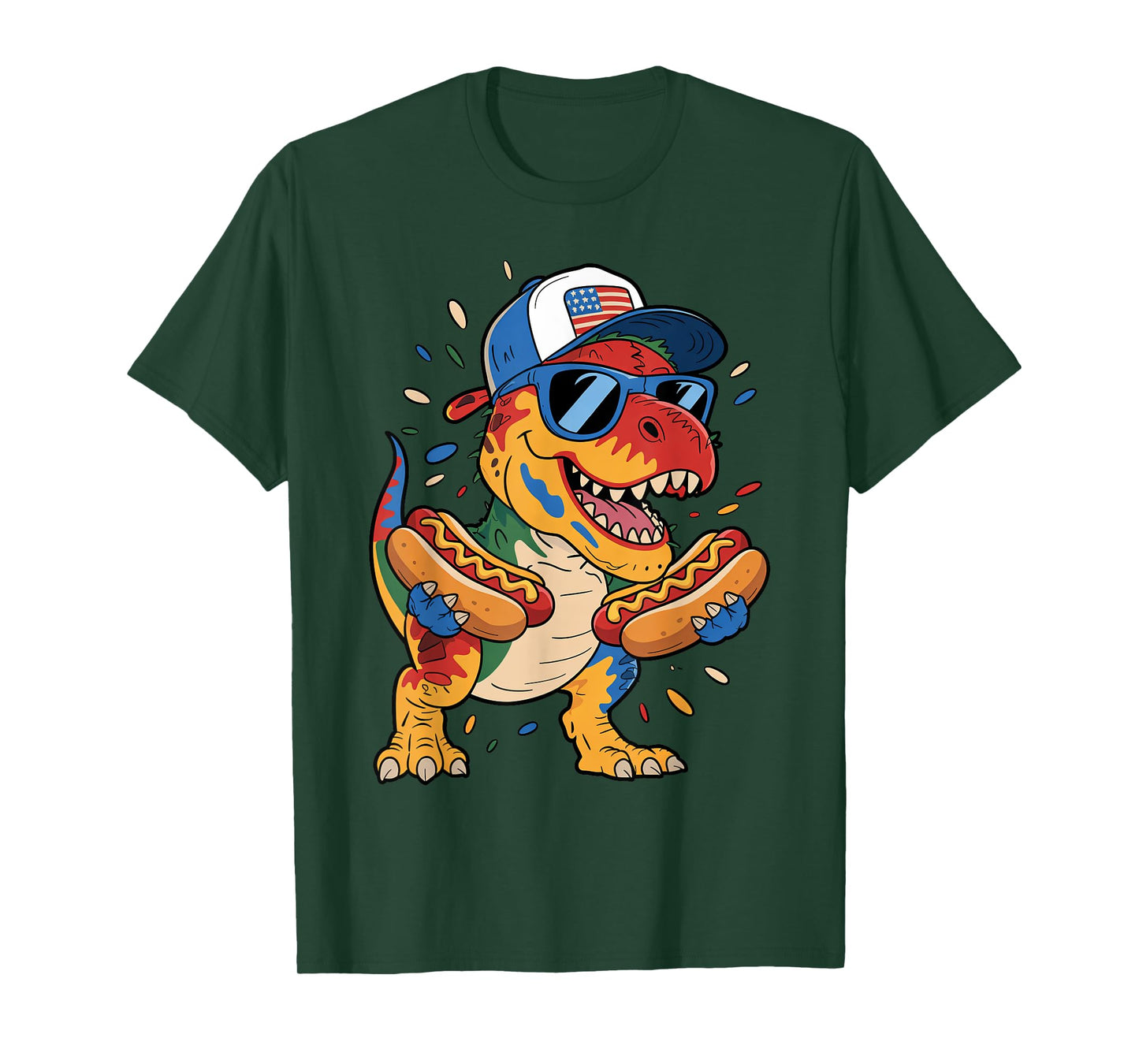 4th of July T Rex Dinosaur Sunglasses Hotdog American Flag T-Shirt for Men Women Kids