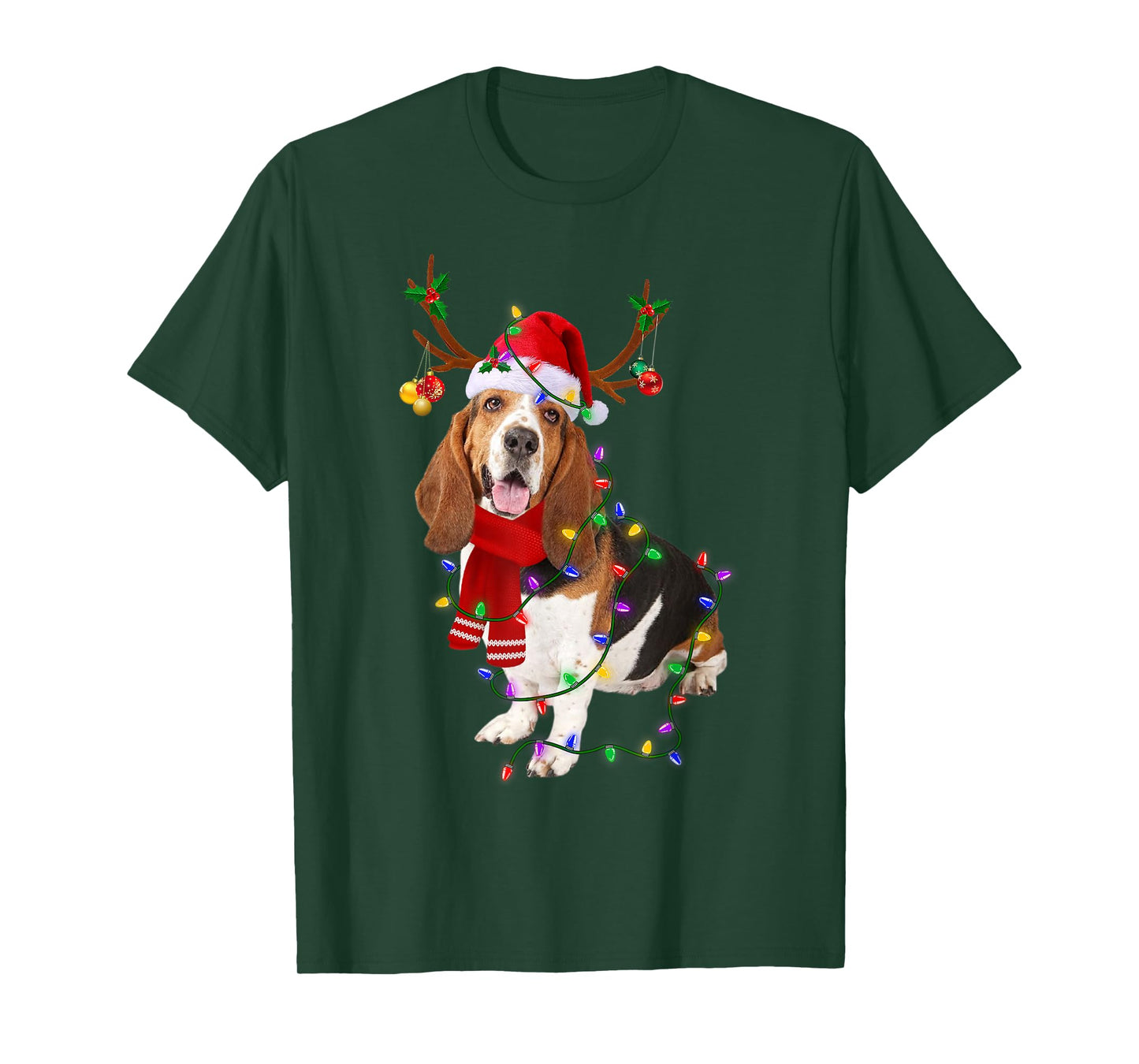 Funny Basset Hound Dog Tree Christmas Lights Xmas Pajama Men Women Kids T-Shirt