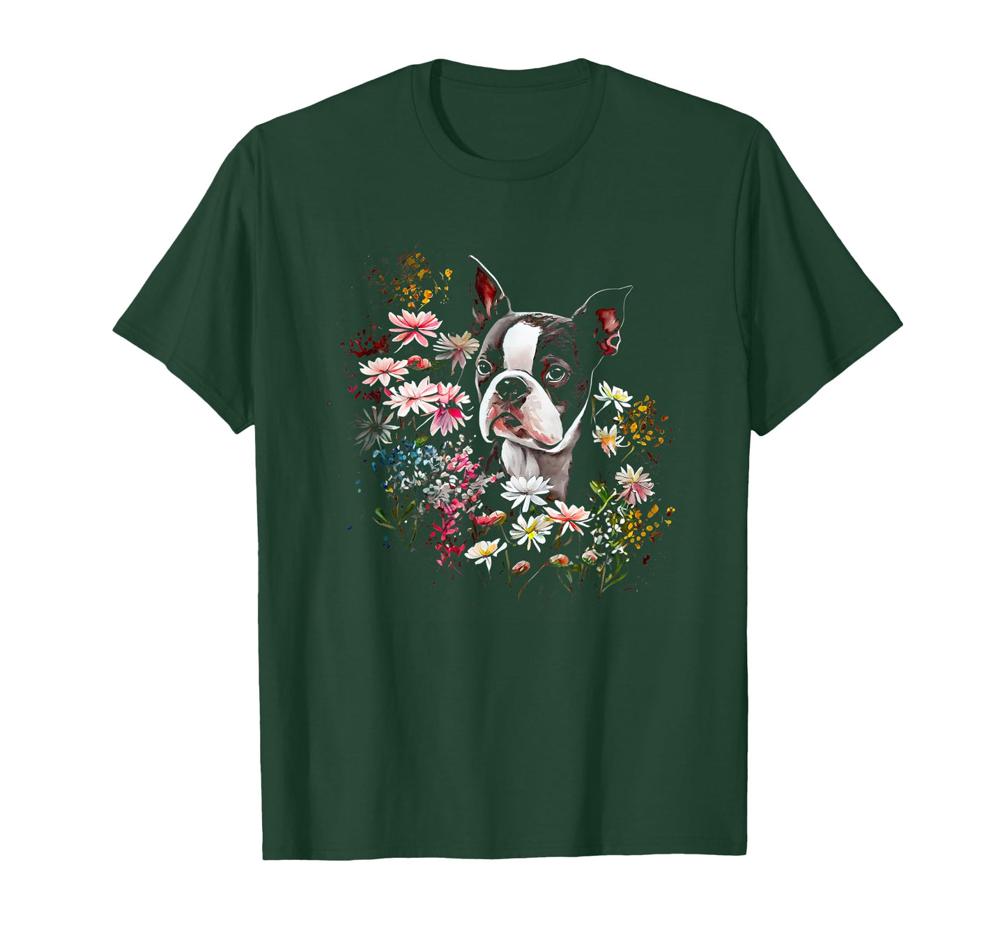 Watercolor Boston Terrier with flowers - Bostie T-Shirt