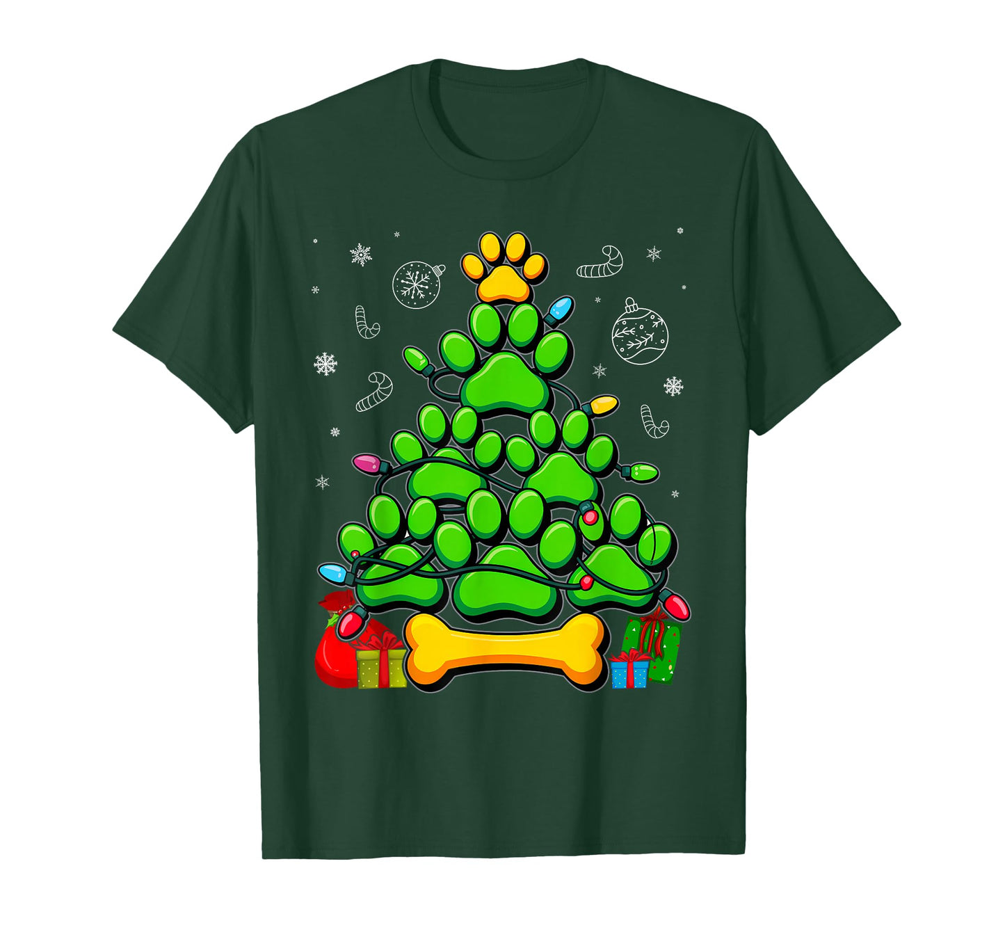 Lovers Cute and Funny Dog Paws Prints Tree Christmas T-Shirt