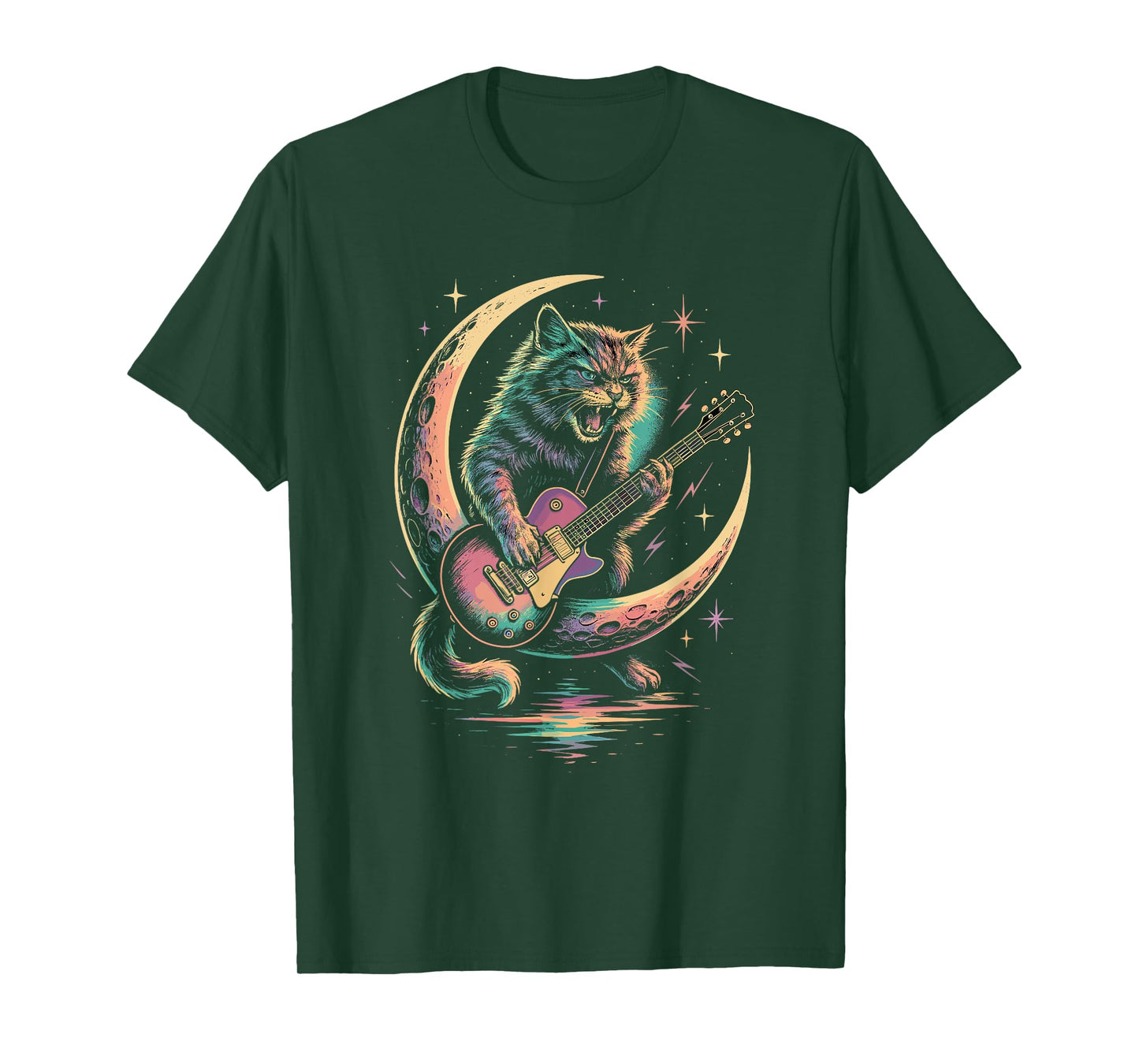 Rock Guitar Cat on Moon for Music Lovers Color Feline Fans T-Shirt