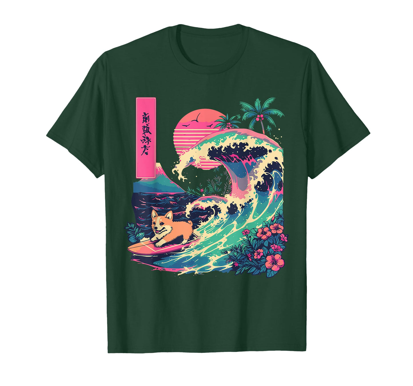 Japanese Corgi Surfing Great Wave Japan T-Shirt