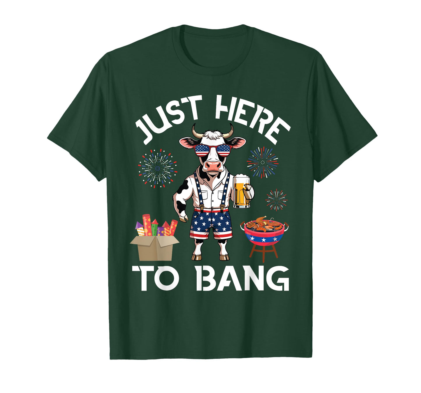 Cow Drink Beer BBQ Firecracker Just Here To Bang 4th of July T-Shirt