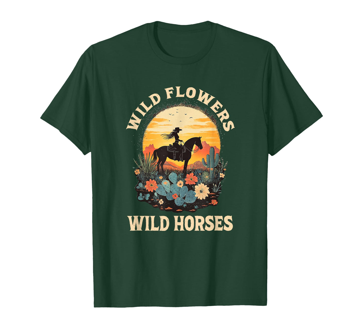western sunset cowgirl riding horse wild flowers wild horses T-Shirt