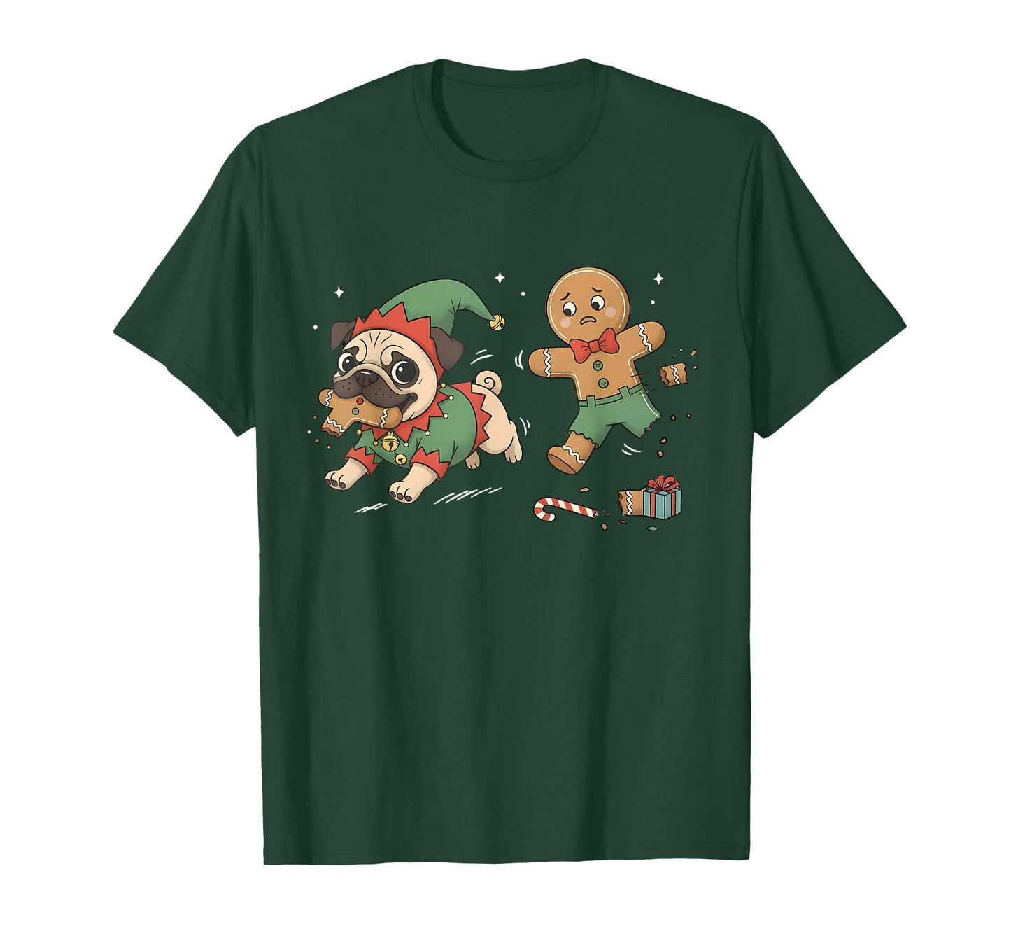 Funny Gingerbread Chasing Pug Christmas Dog Mom Pug Lovers T-Shirt