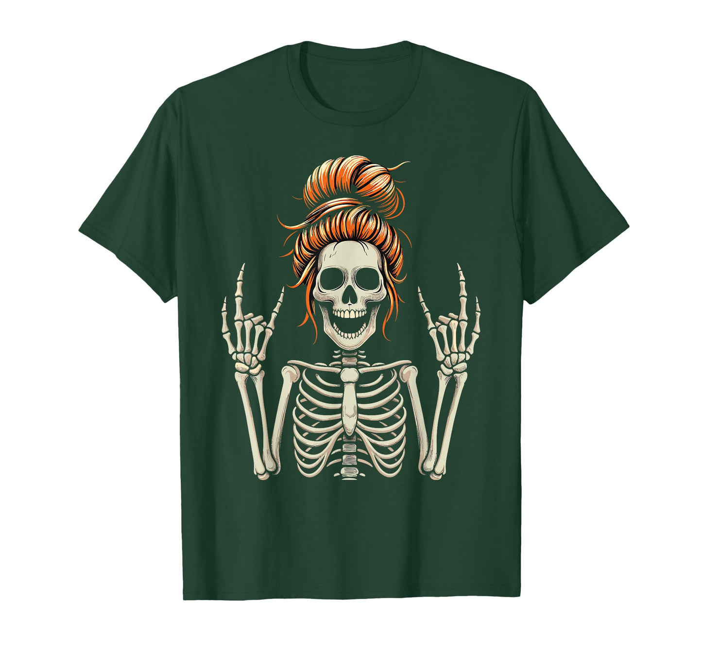 Rocker Messy Bun Skeleton Cool Halloween Punk Rock T-Shirt
