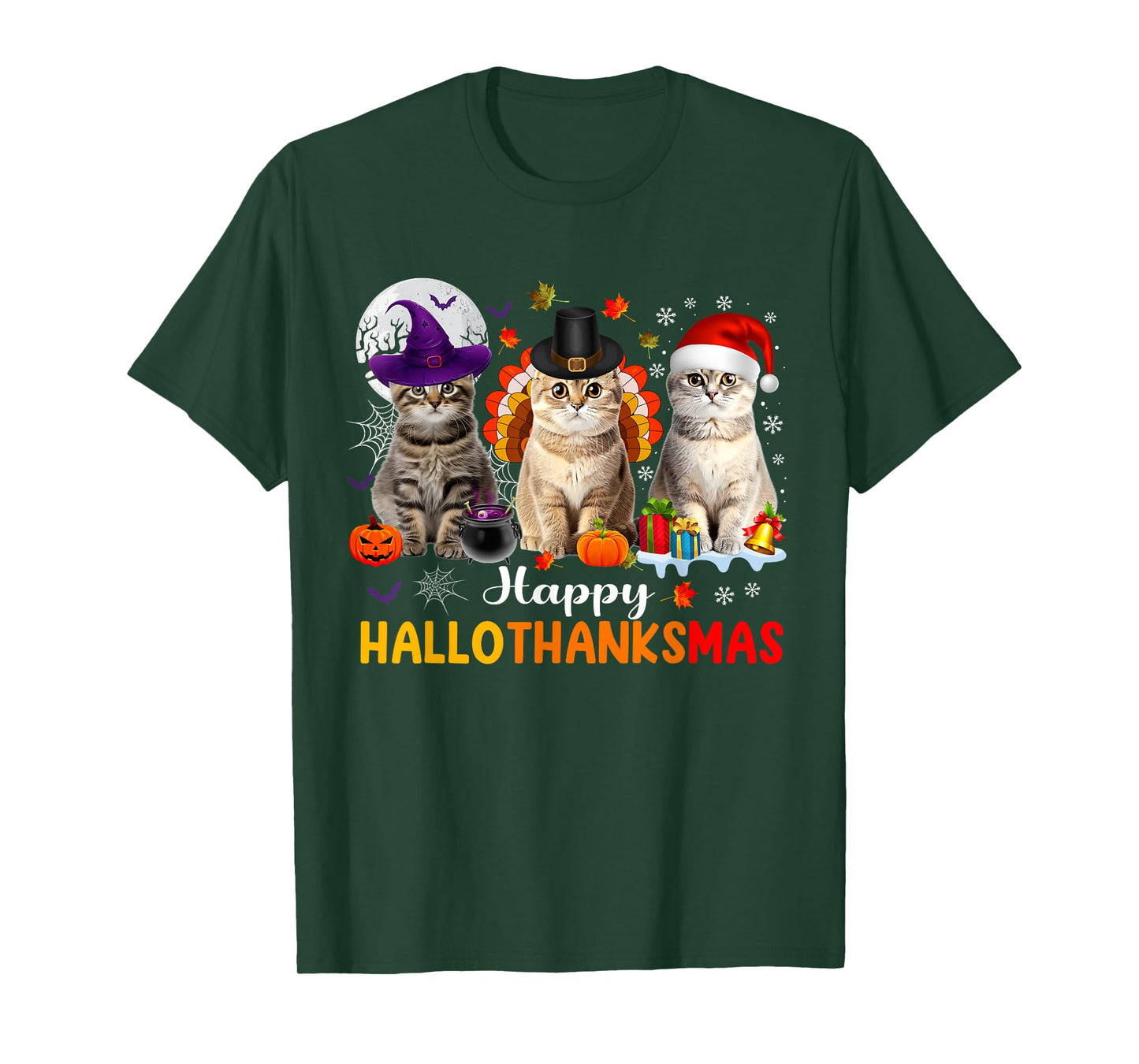 Happy Hallothanksmas Cats Halloween Thanksgiving Christmas T-Shirt