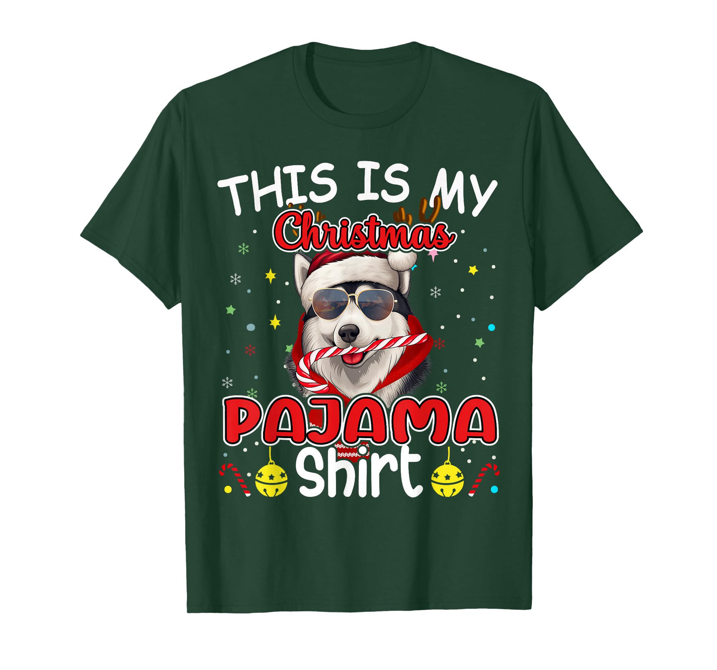 Siberian Husky Christmas Pajama Reindeer Men Women Boys Xmas T-Shirt