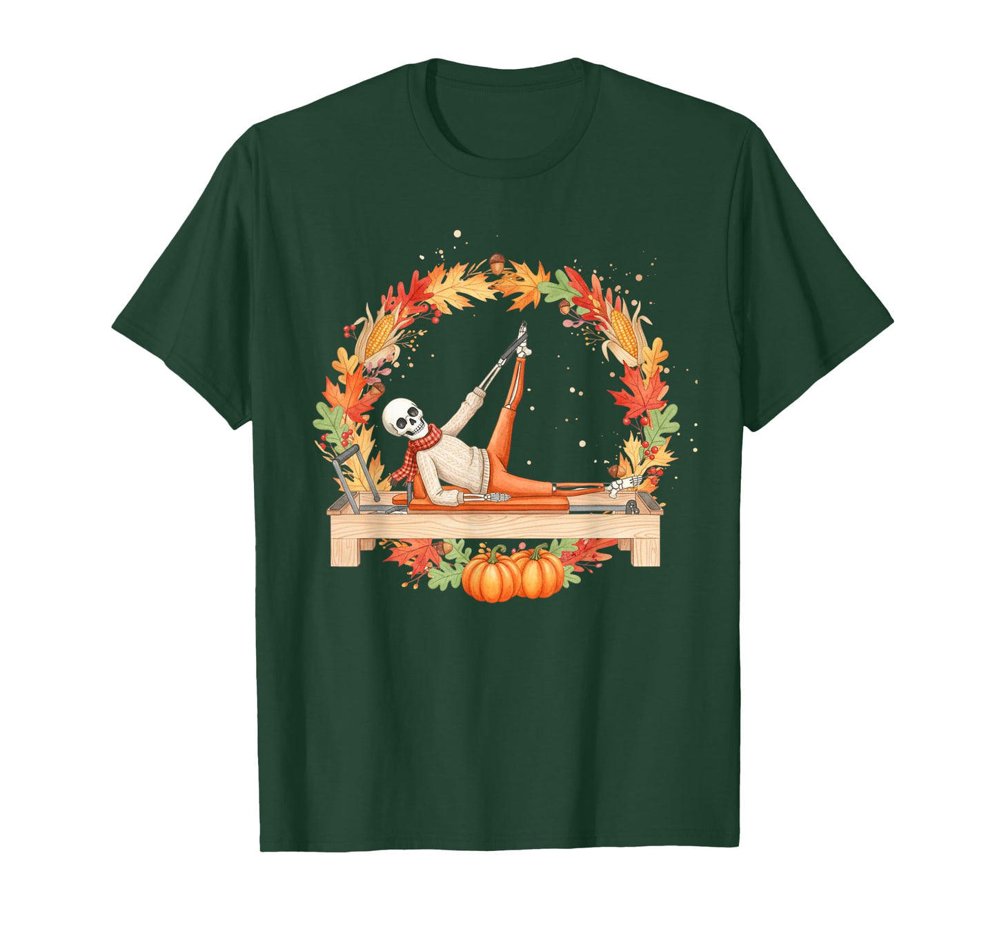 Skeleton Reformer Pilates Autumn Fall Leaves Wreath Pumpkins T-Shirt