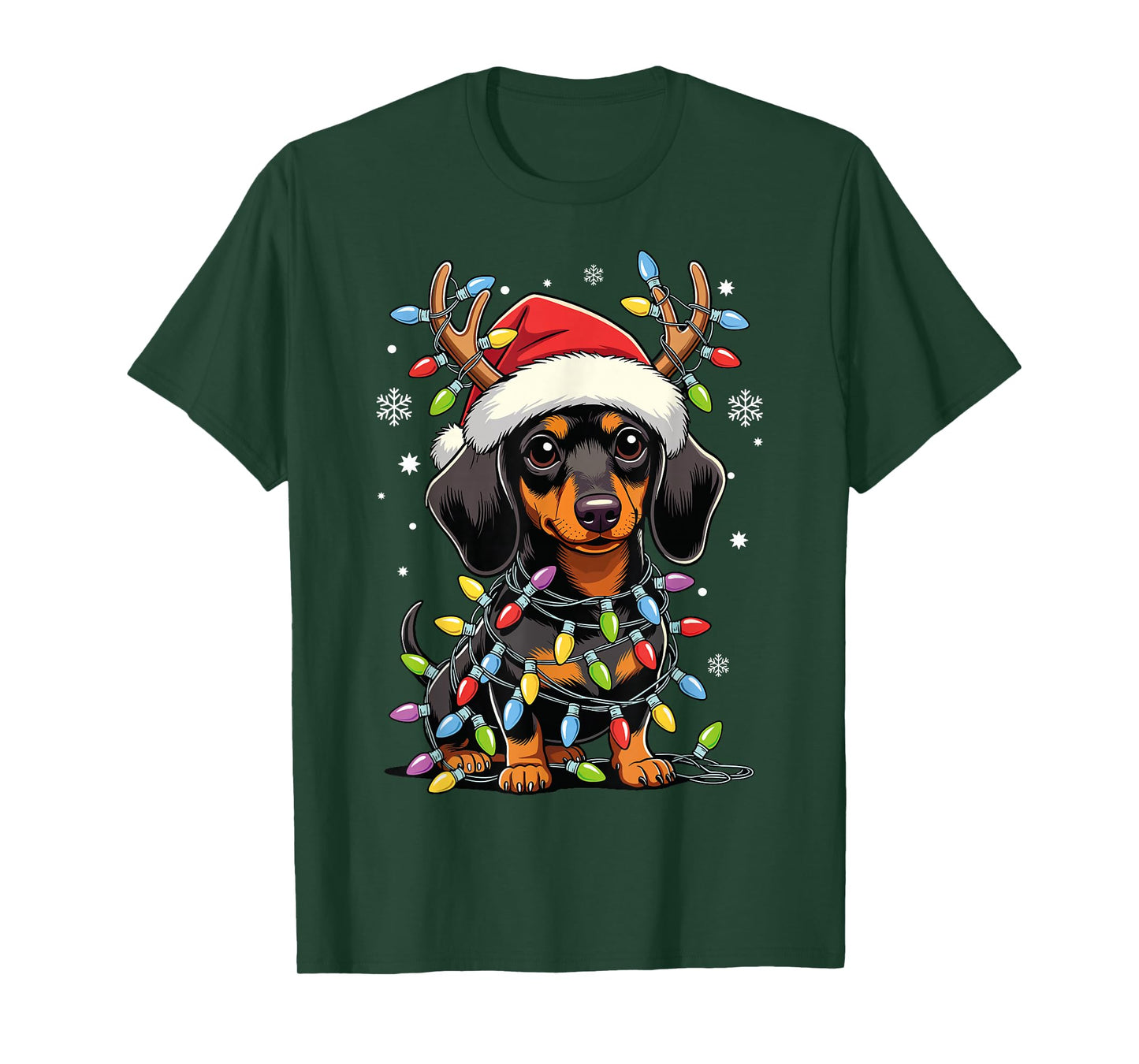 Funny Dachshund Christmas Lights Santa Hat Xmas T-Shirt