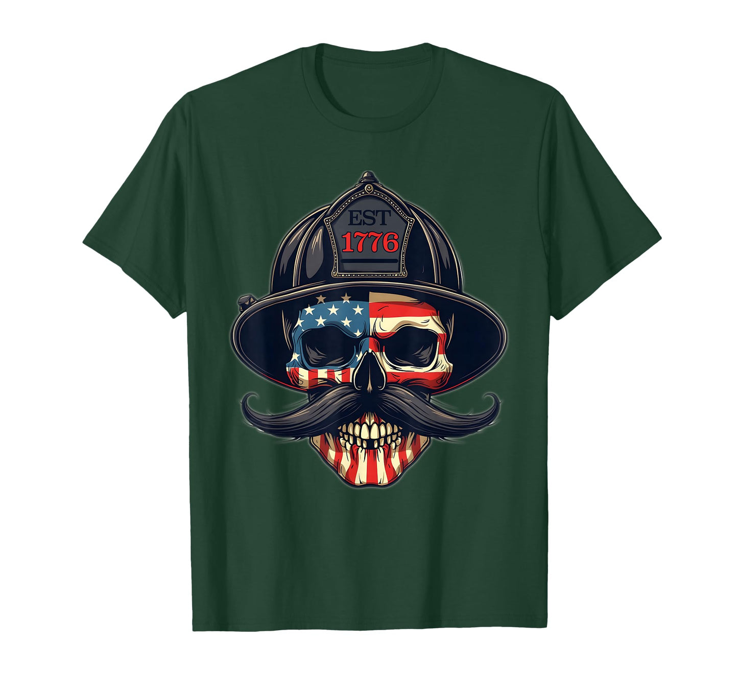 Firefighter Skull Mustache Fire Fighter Fireman USA Flag T-Shirt
