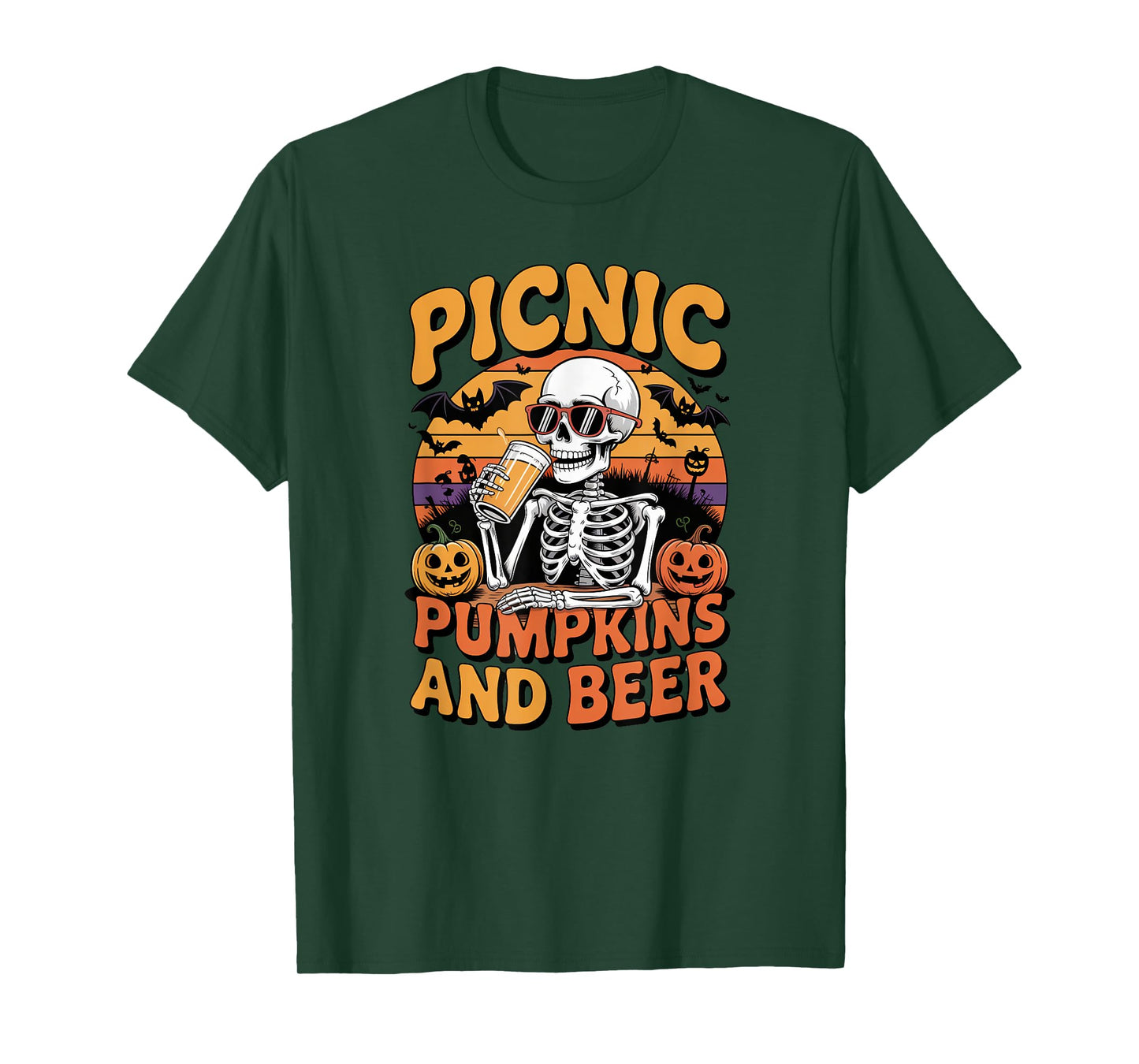Halloween Tee Skeleton Picnic Pumpkins and Beer Retro T-Shirt