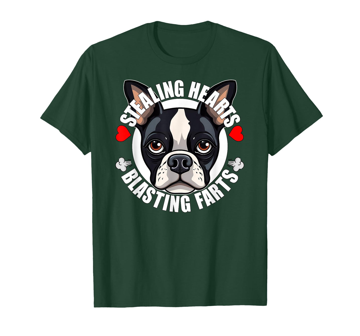 Funny Boston Terrier Stealing Hearts Blasting Farts Cute Dog Men Women Girls Kids T-Shirt