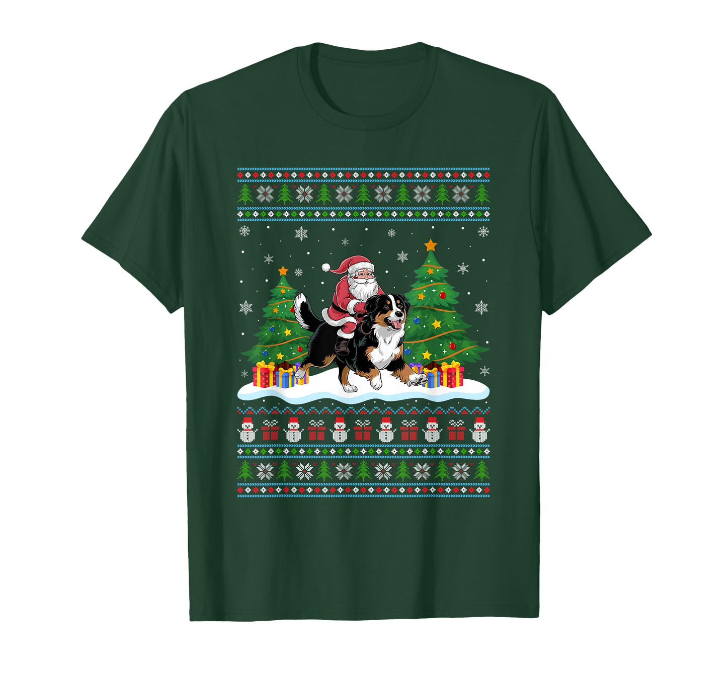 Santa Riding Bernese Mountain Dog Tree Lights Xmas Sweater T-Shirt