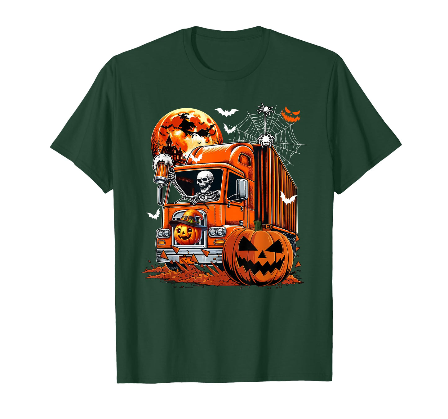 Skeleton Drinking Beer On Truck Halloween Pumpkins T-Shirt