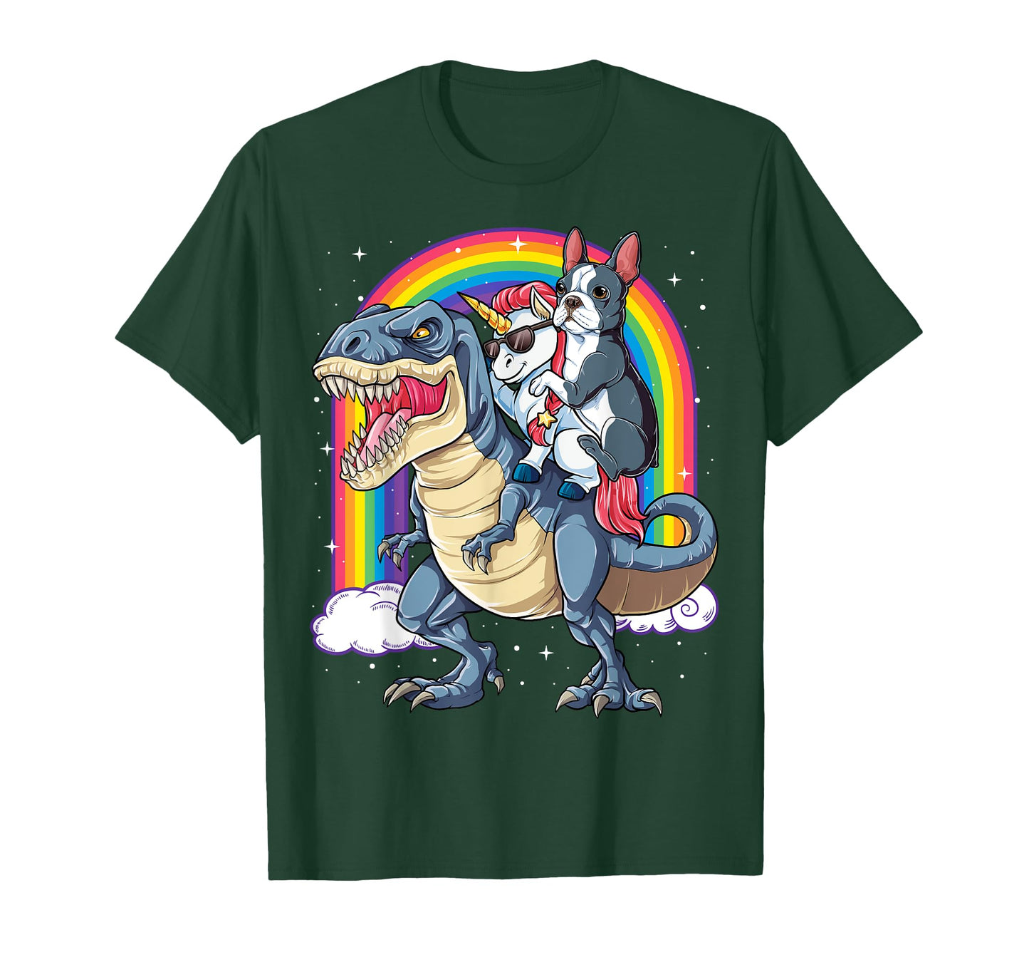 Boston Terrier Unicorn Riding Dinosaur T-rex Girls Rainbow T-Shirt