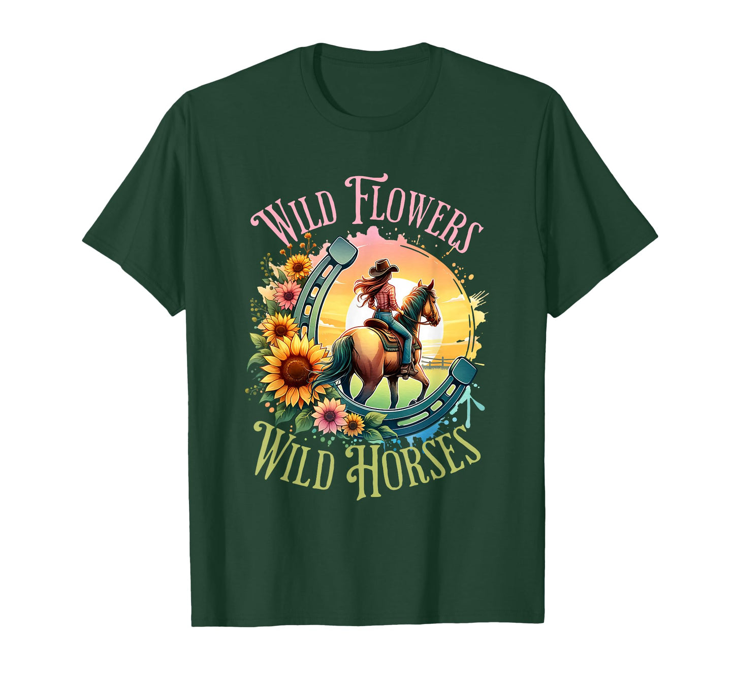 Wild Flowers & Wild Horses Country Sunset Western Cowgirl T-Shirt