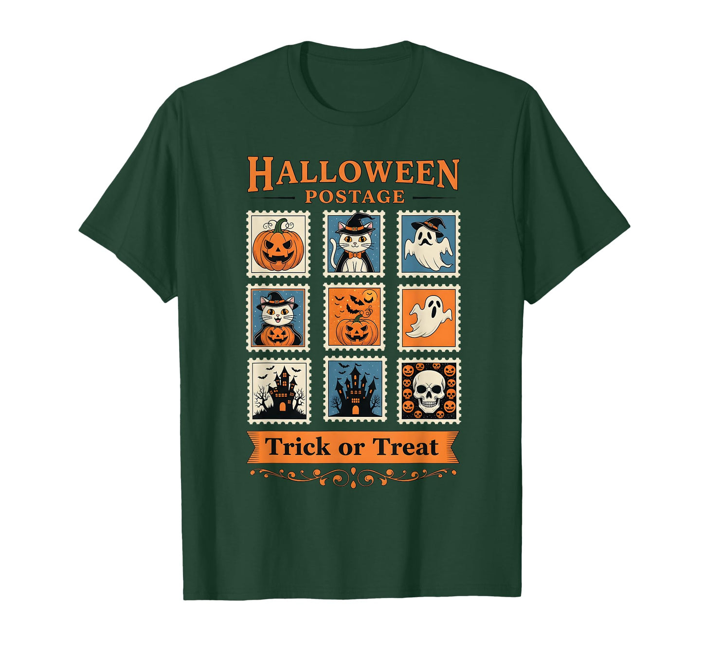 Halloween Postage Trick or Treat Ghost Skull Cat T-Shirt