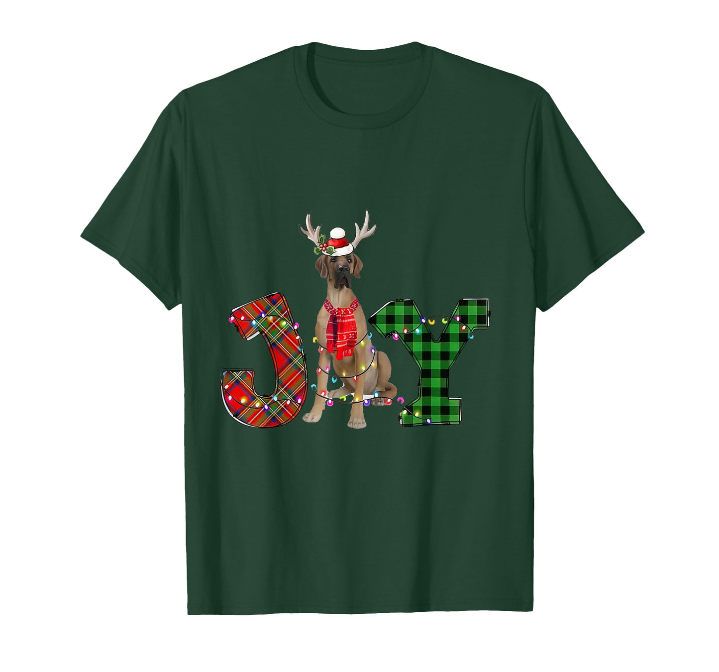 Joy Christmas Lights Fawn Great Dane Dog Santa Hat Pajama T-Shirt