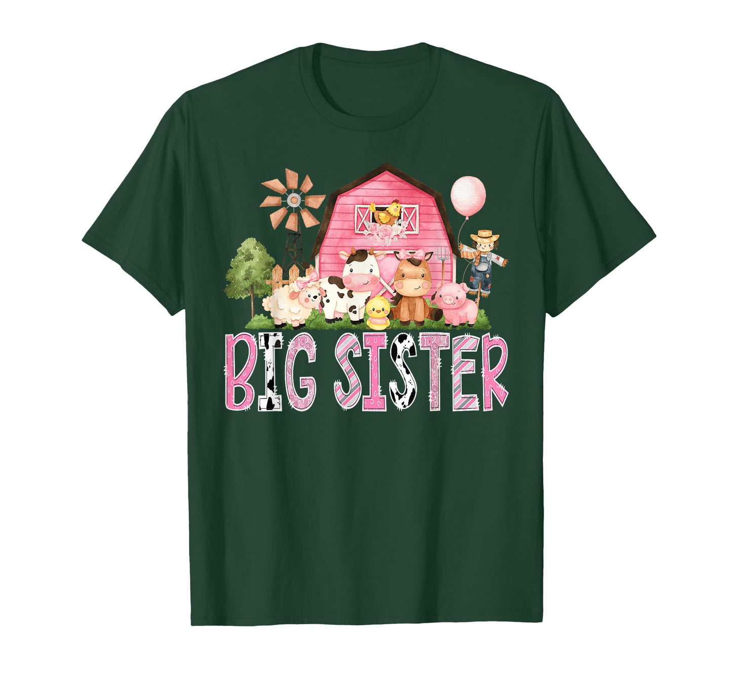 Big Sister Pink Farm Cow Birthday Girl Matching Family T-Shirt