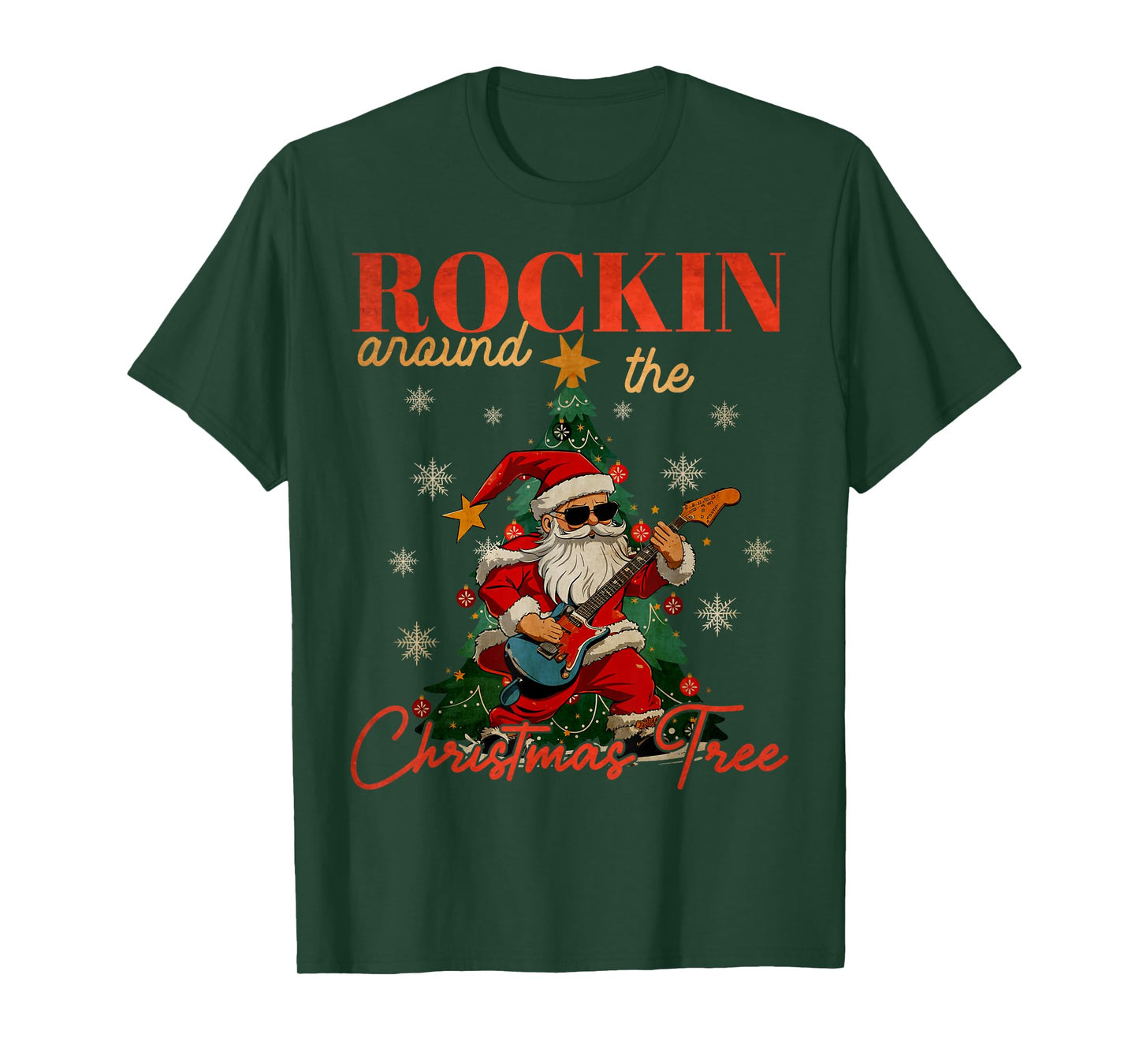 Rocking Around The Christmas Tree Santa Rock and Roll Guitar T-Shirt