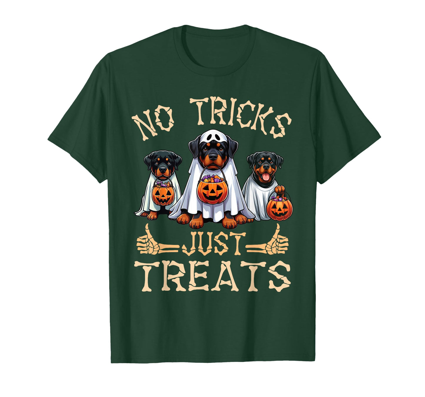 Rottweiler Dog Ghosts Pumpkin Candy No Tricks Just Treats T-Shirt