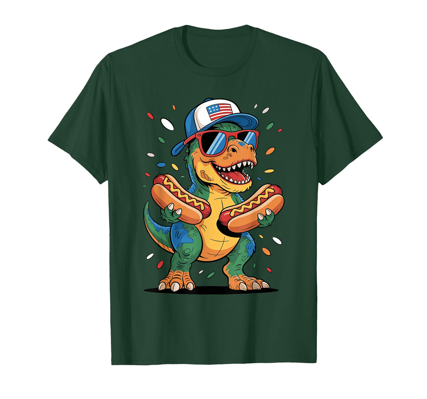T Rex Dinosaur With Hotdogs USA Flag Sunglasses 4th of July T-Shirt