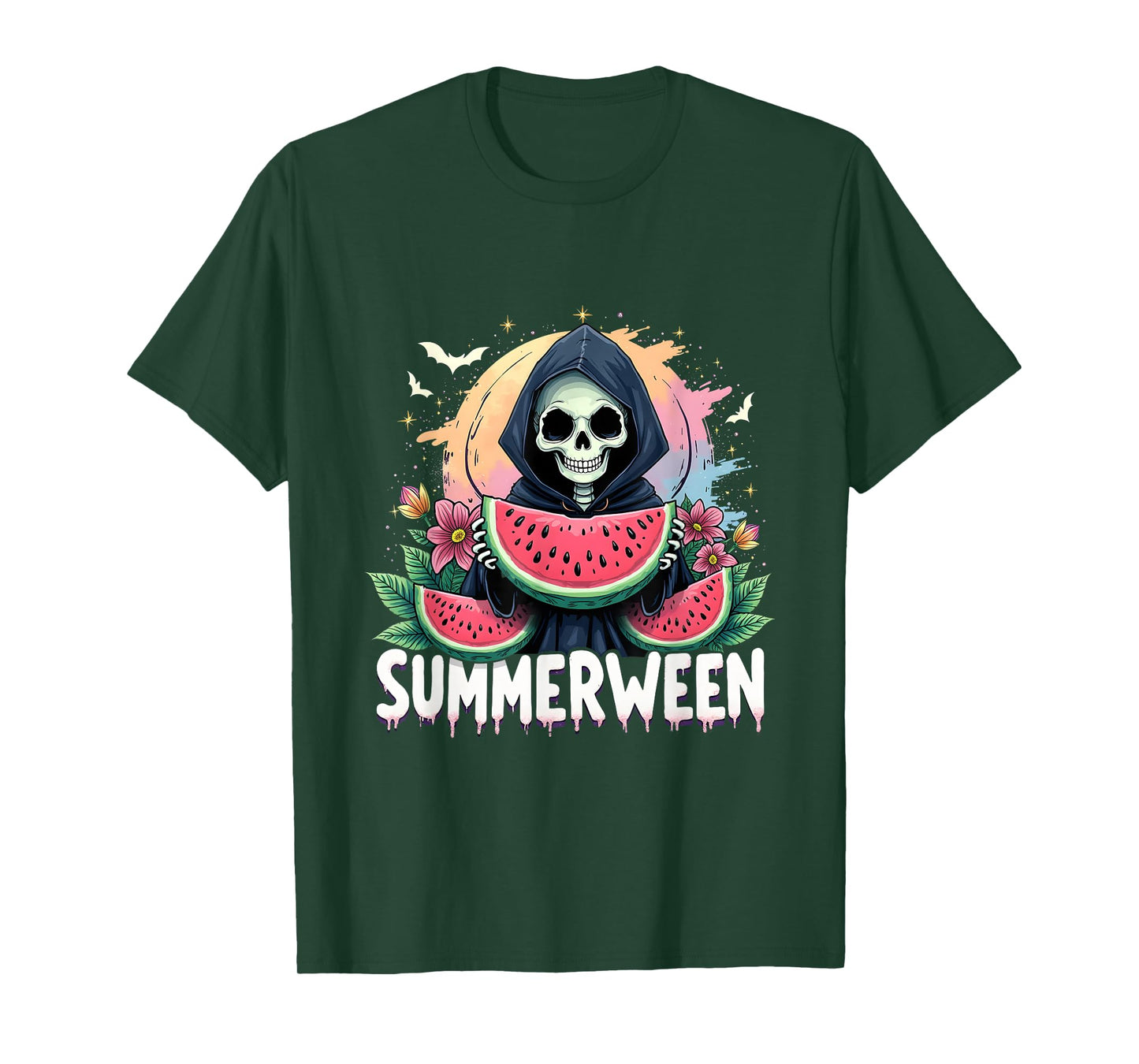 Summerween Skeleton Eating Watermelon Funny Halloween T-Shirt