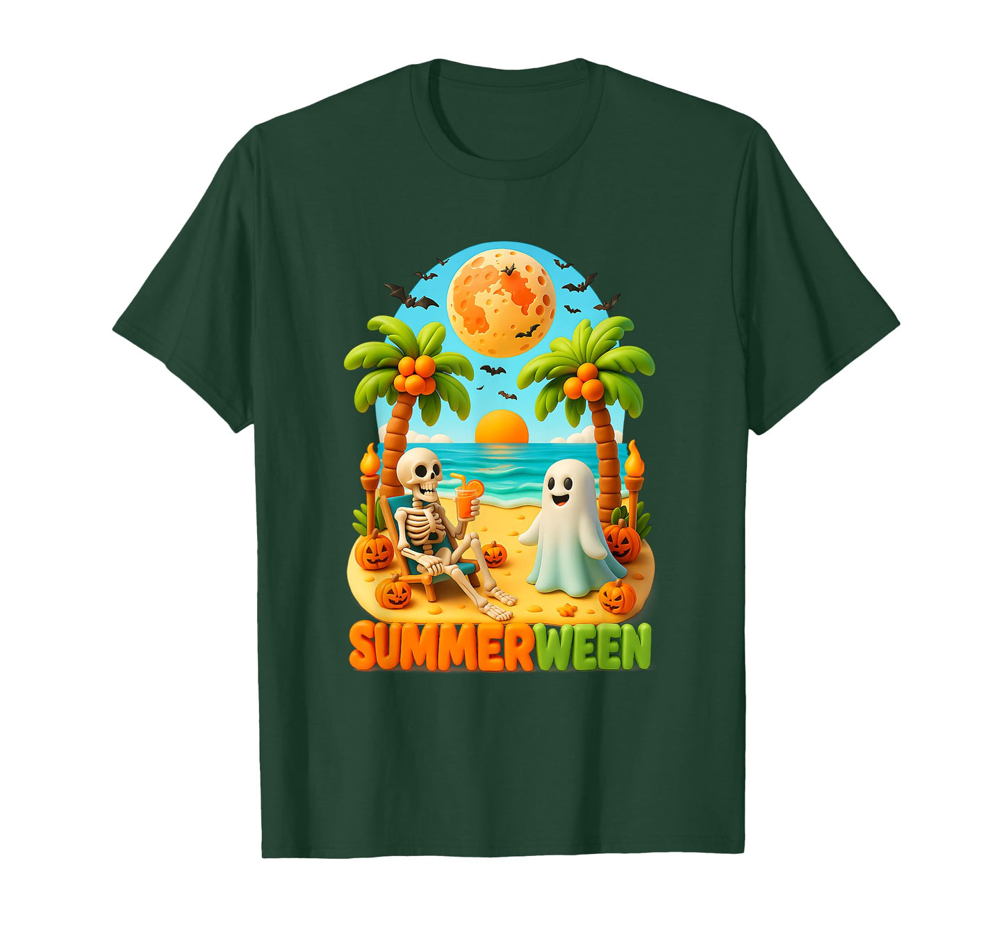 Summer-ween Skeleton Ghost Beach Palm Halloween Summer T-Shirt