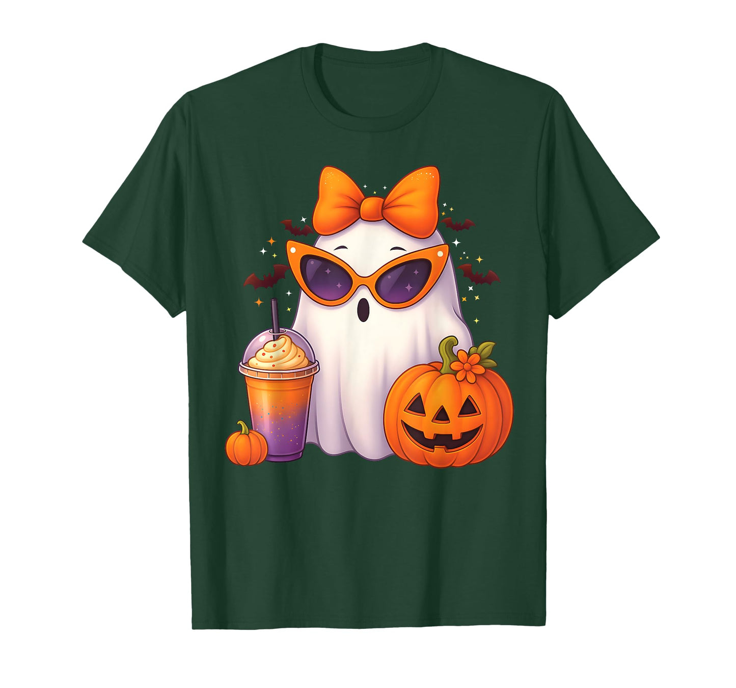 Spooky Cute Ghost Drinking Pumpkin Iced Coffee Halloween Bow T-Shirt