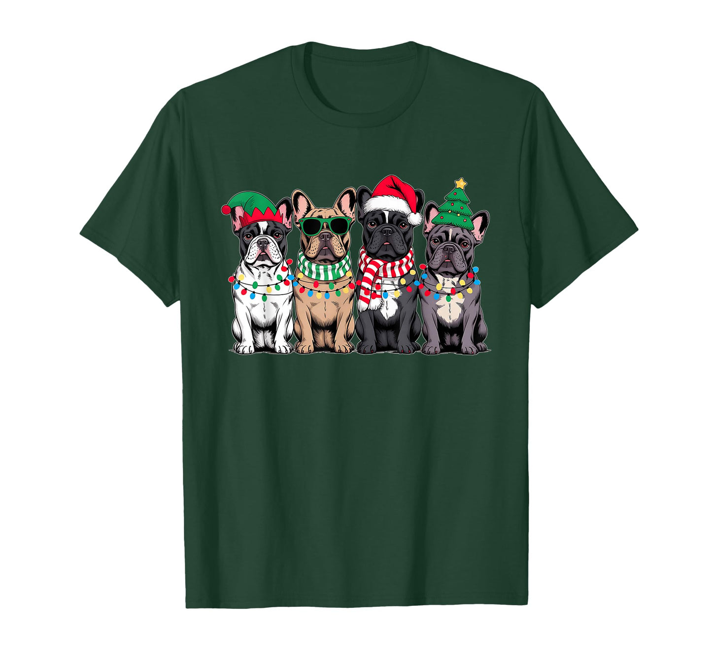 Four French Bulldog Dogs Christmas Funny Santa Reindeer Xmas T-Shirt