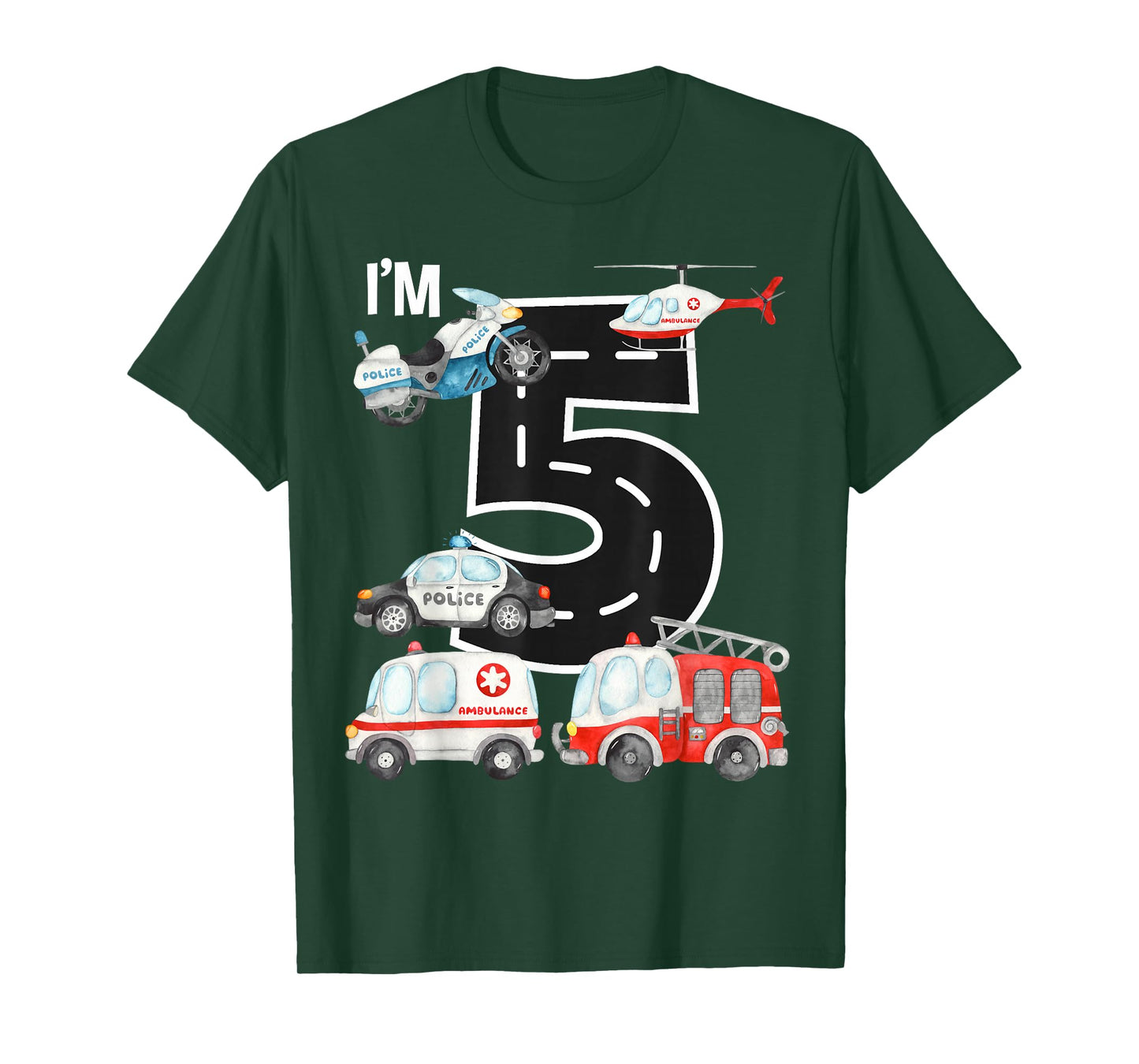 Emergency Vehicles 5th Birthday Fire Truck Police Car Boys T-Shirt