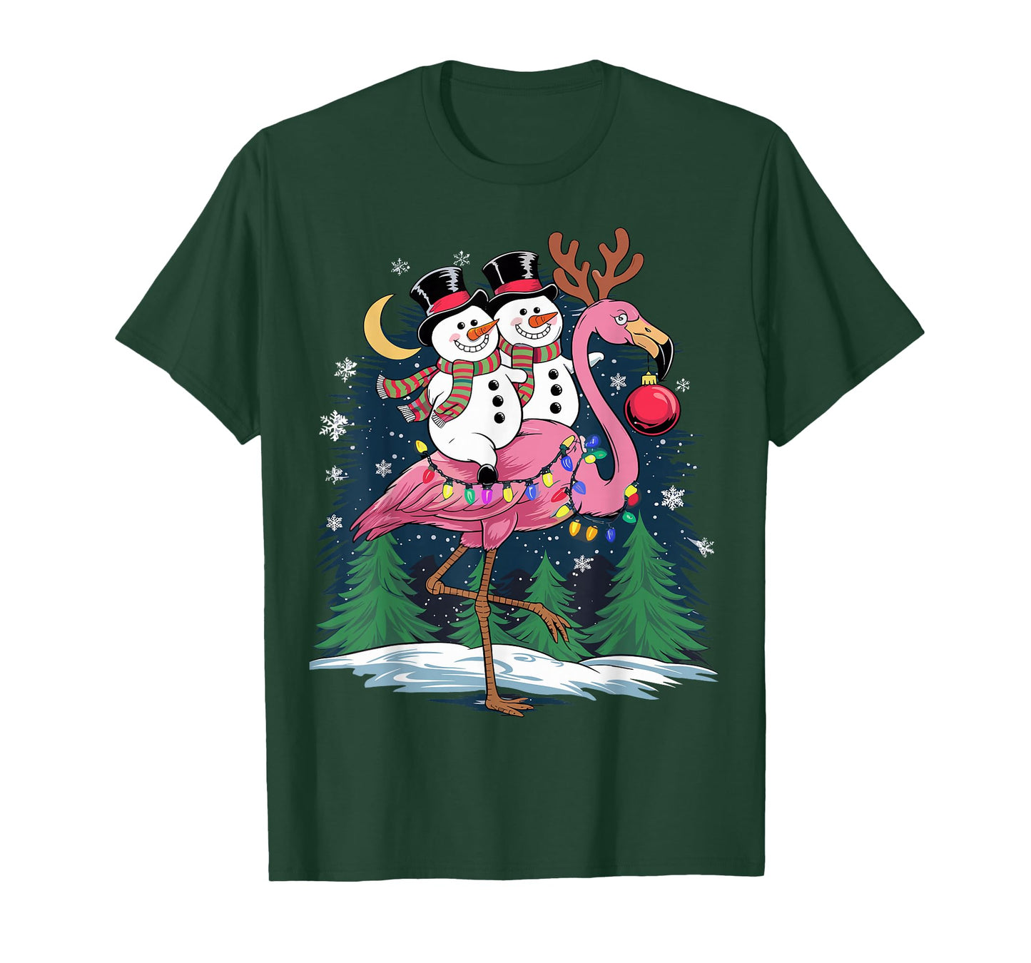 Christmas Snowman Riding Flamingo Xmas Girls Women T-Shirt