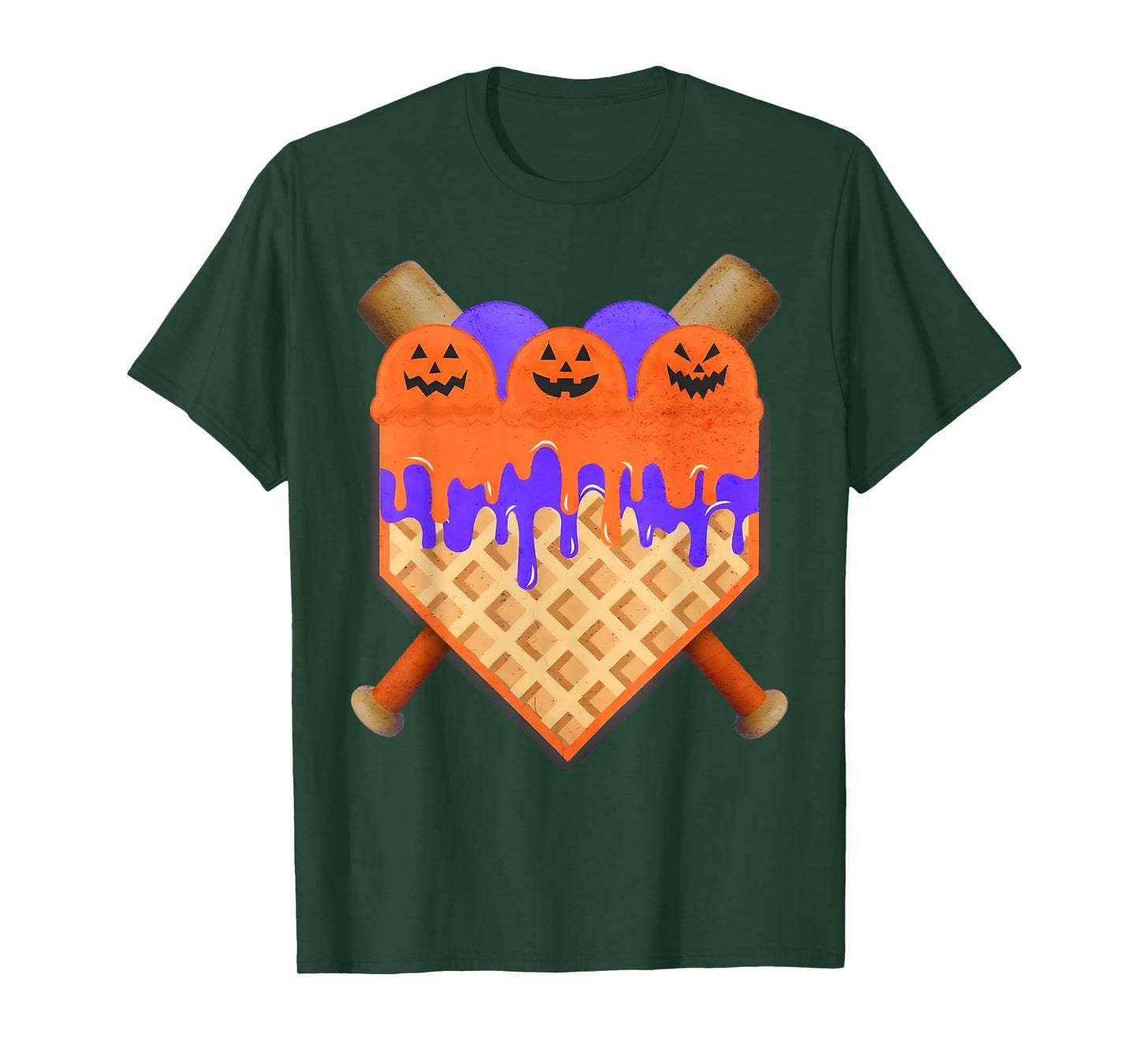 Baseball Home Plate Ice Cream Drip with Pumpkin Faces T-Shirt
