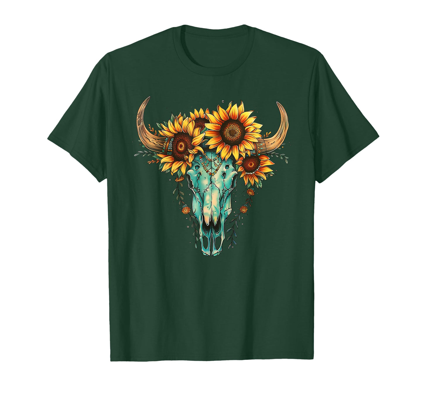 Vintage Boho Skull Western Sunflower Turquoise Bull Skull T-Shirt