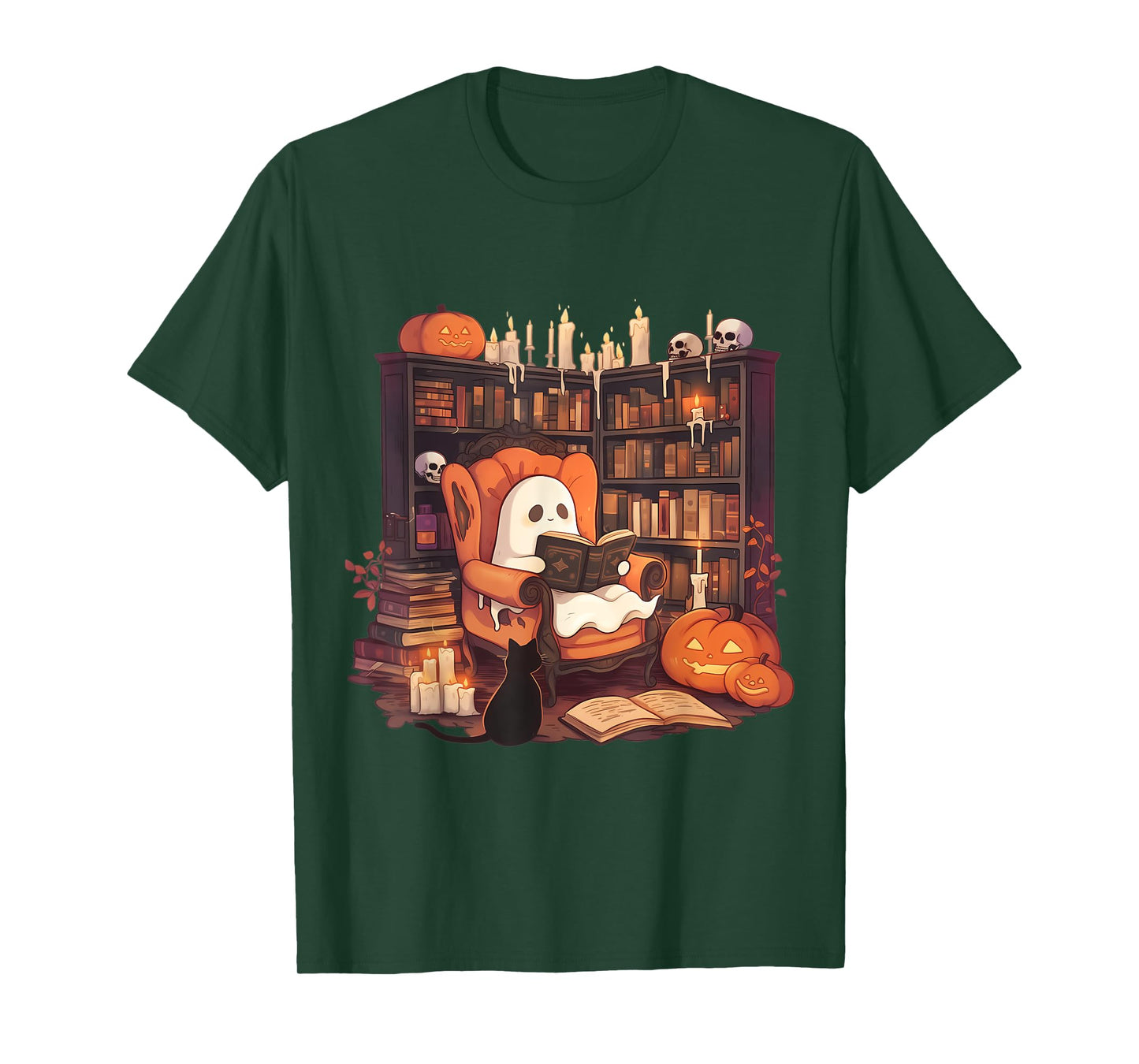 Retro Ghost Reading Books With Black Cat Librarian Halloween T-Shirt