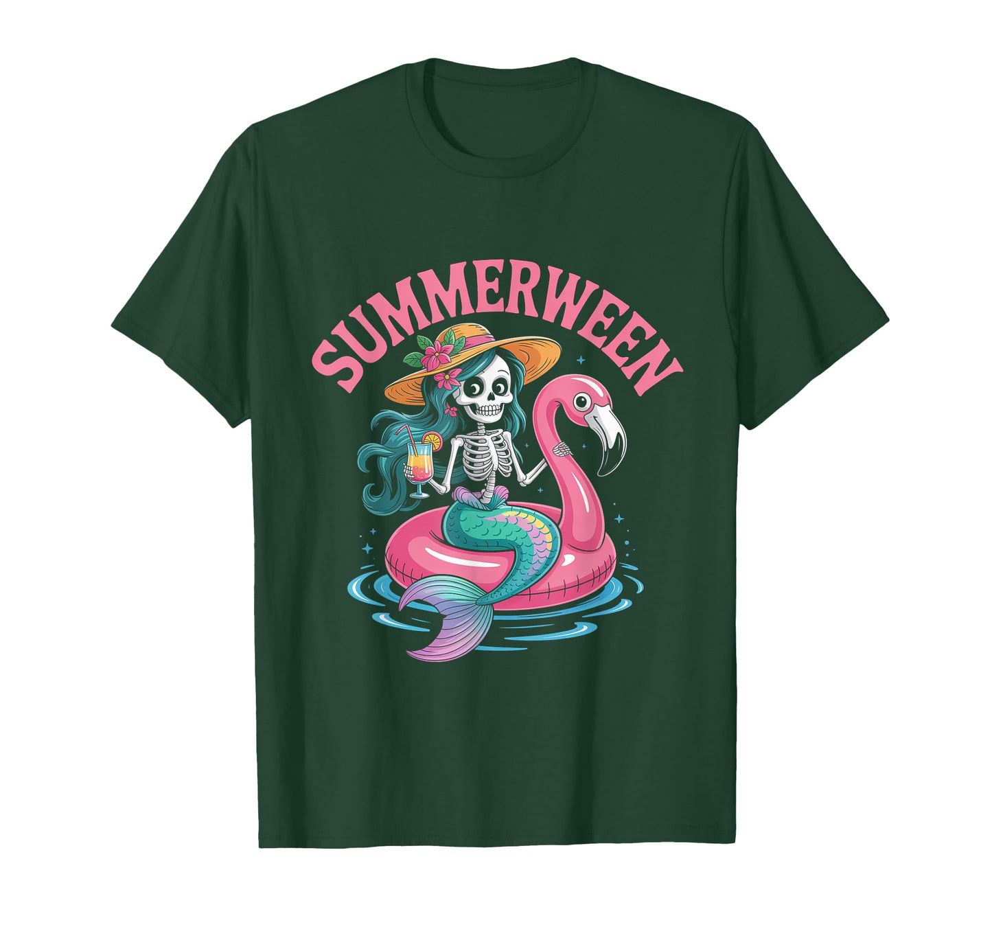 Summerween Mermaid Skeleton Beach Flamingo Halloween Girl T-Shirt