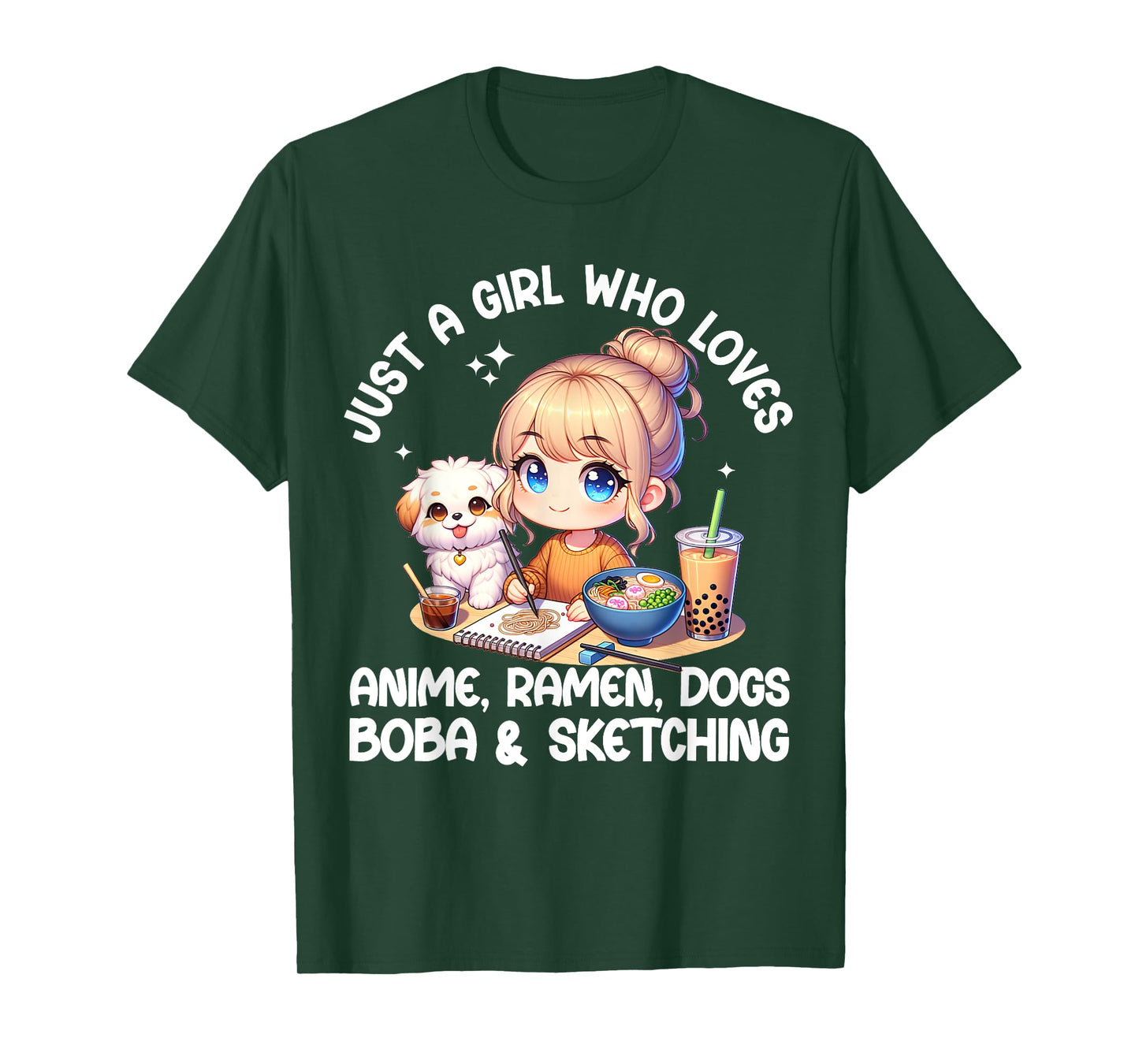 Just A Girl Who Loves Anime Ramen Dogs Boba And Sketching T-Shirt