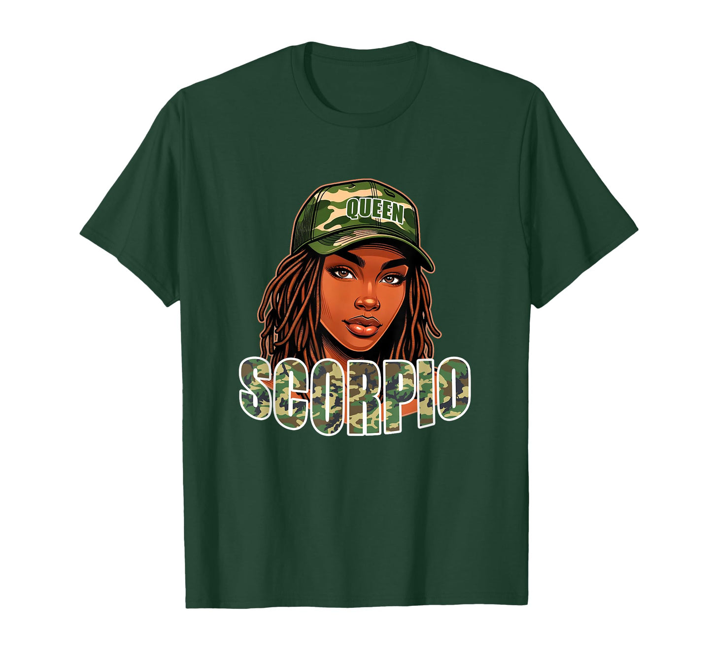 Scorpio Queen Black Woman Camo Hat Locs Birthday T-Shirt