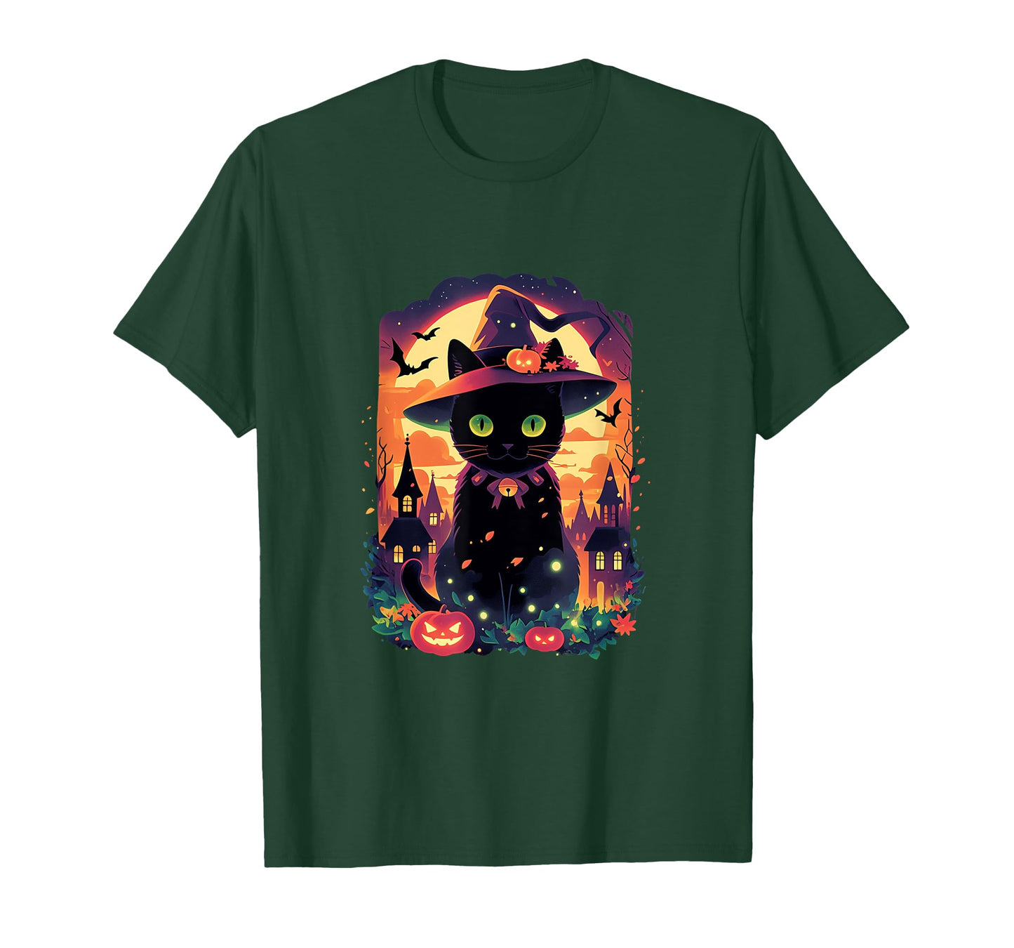 Halloween Cat Design with Witch Hat and Pumpkins T-Shirt