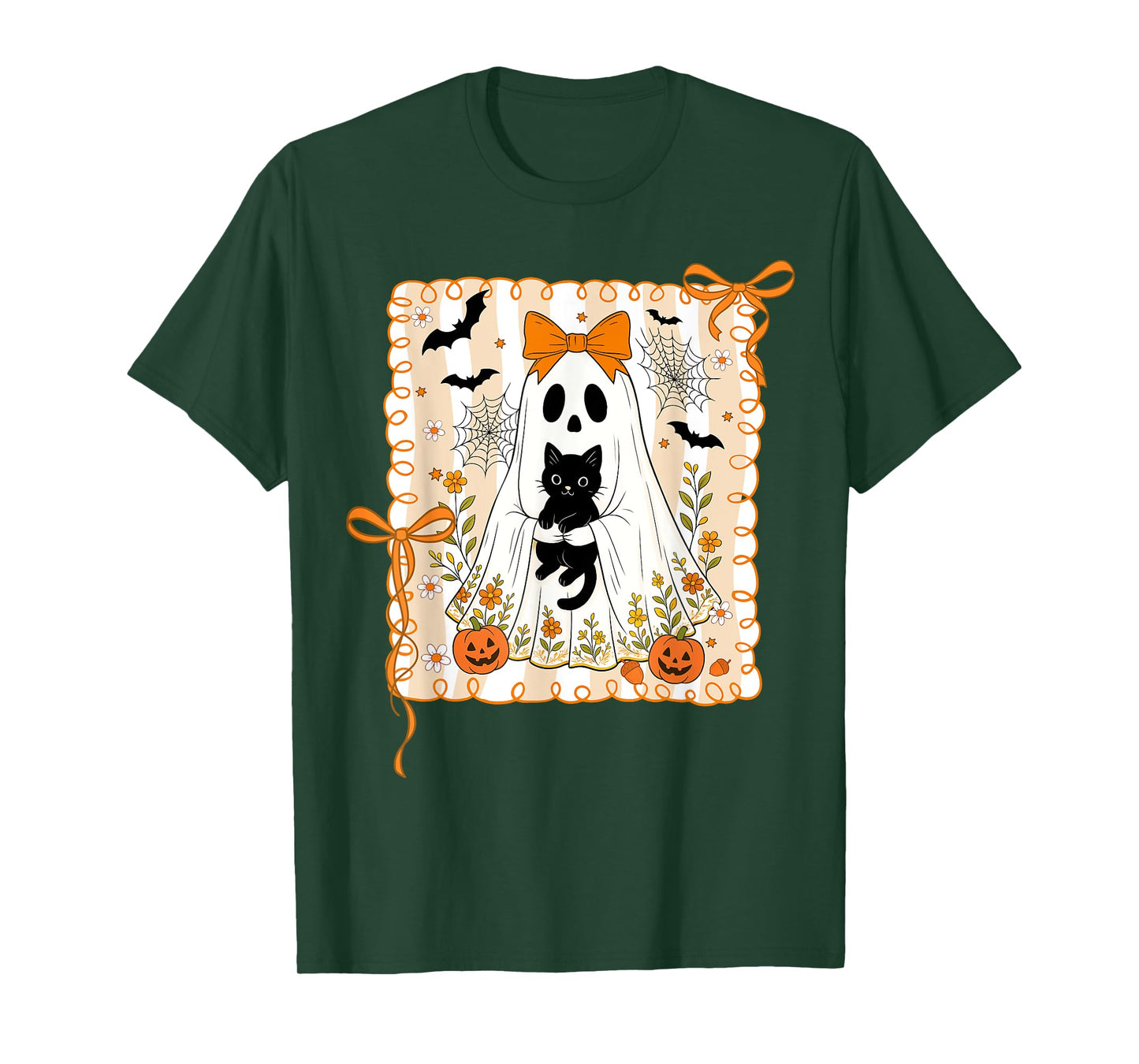 Spooky Ghost Holding Black Cat Halloween Coquette Bow T-Shirt