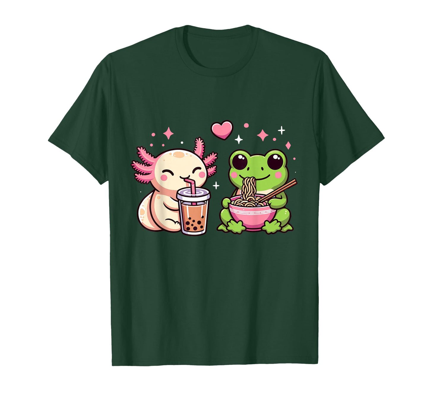Cute Kawaii Frog and Axolotl Eating Ramen and Boba tea T-Shirt
