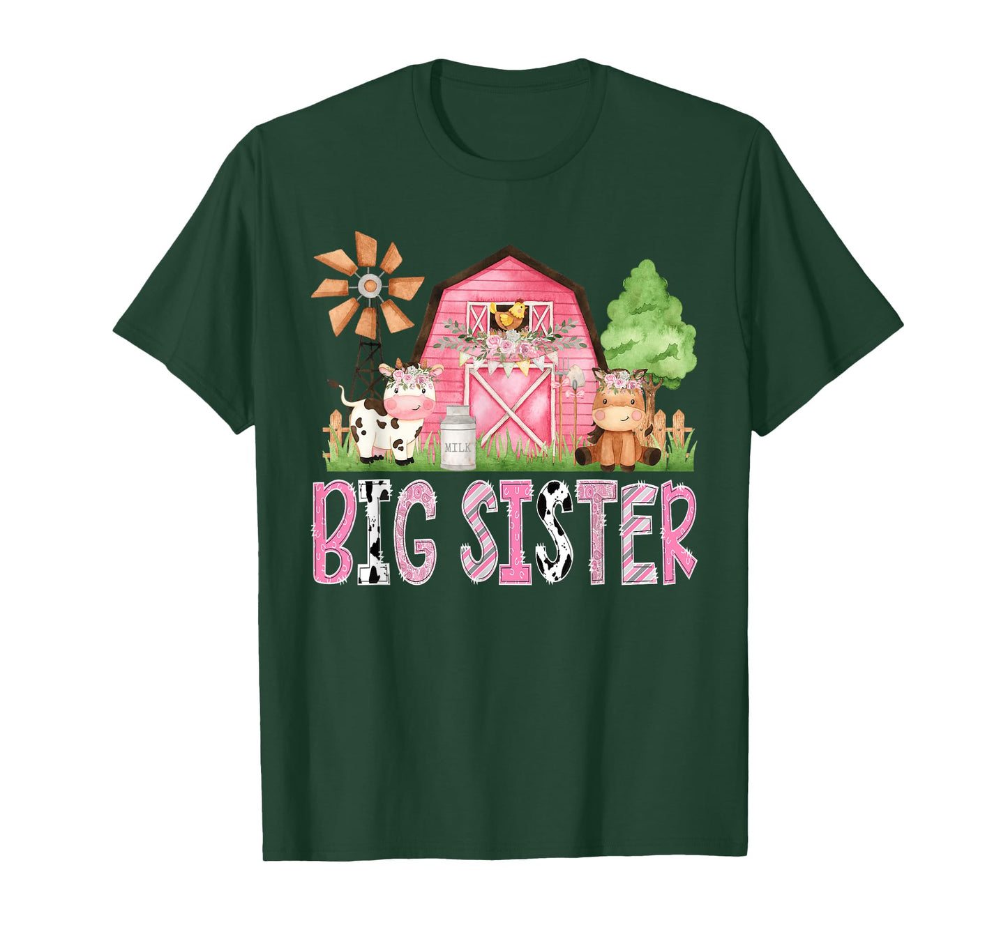 Big Sister Pink Farm Cow Kids Birthday Matching Family T-Shirt