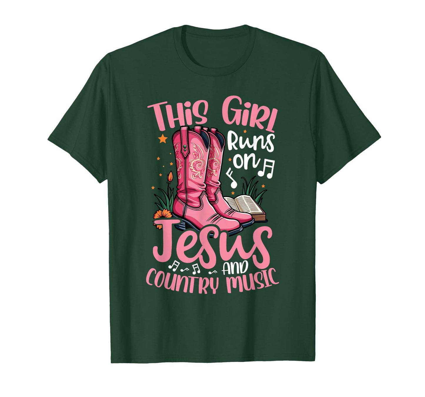 This Girl Runs on Jesus and Country Music Pink Cowboy Boots T-Shirt