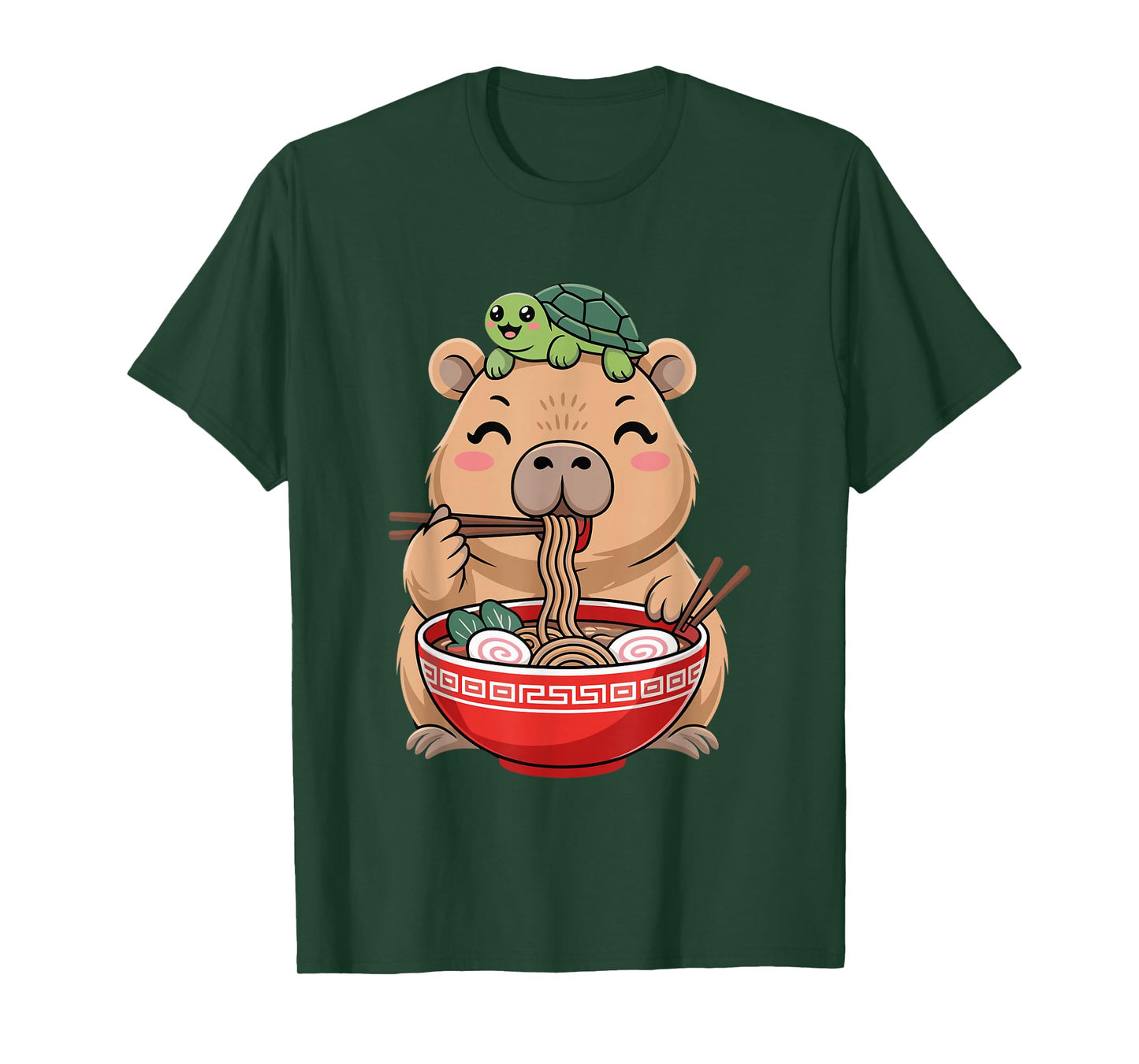 Cute Kawaii Capybara Eating Noodles with Turtle on Head T-Shirt