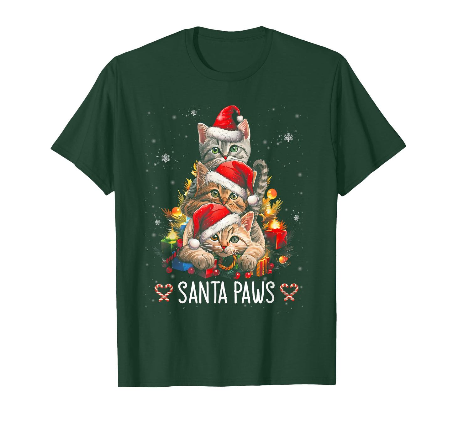 Santa Paw And Claw Santa Cat Christmas Tree Lights Cat Lover Men Women Kids T-Shirt