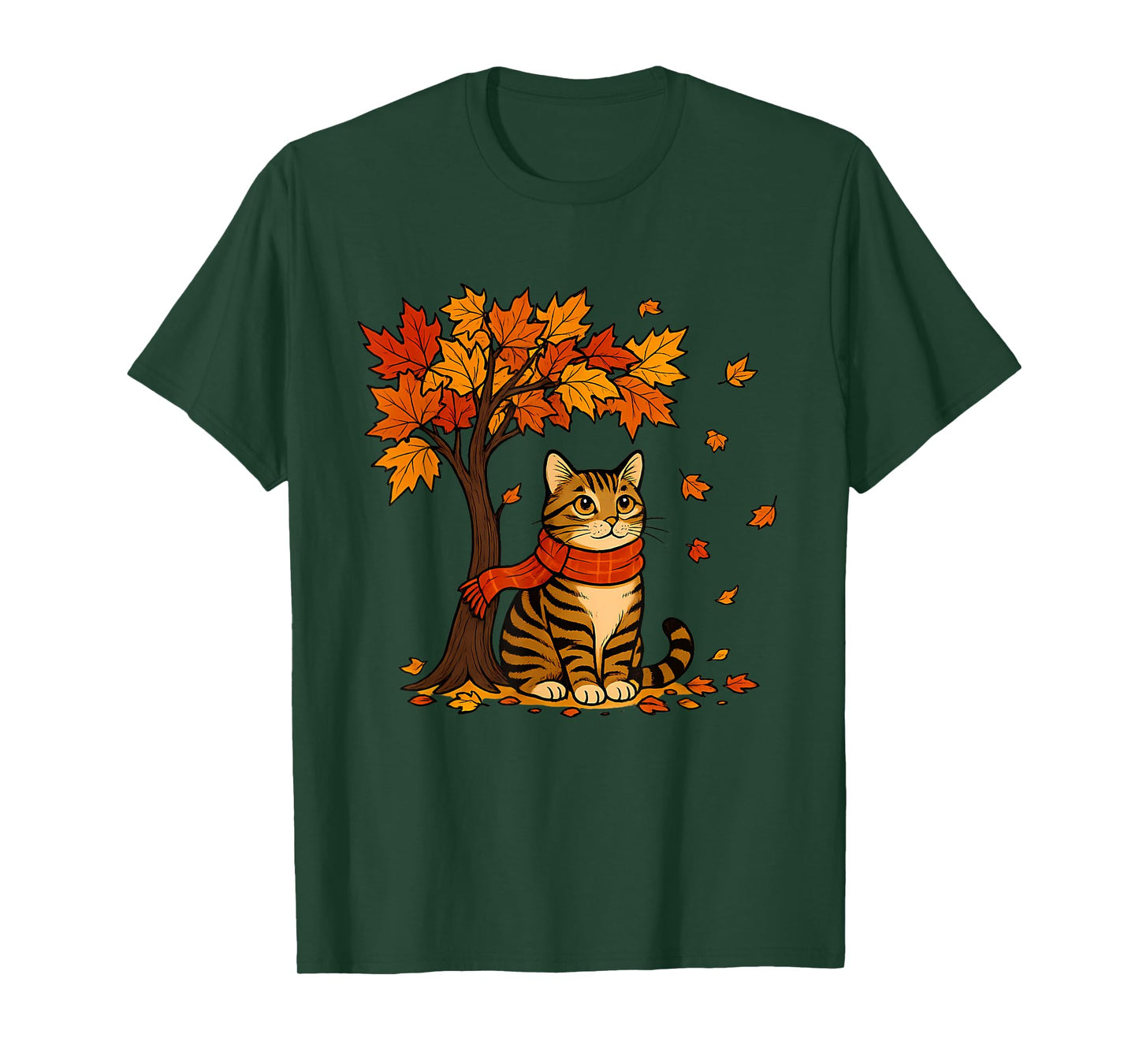 Autumn Cat Scarf Fall Vibes Falling Leave Tree Thanksgiving T-Shirt