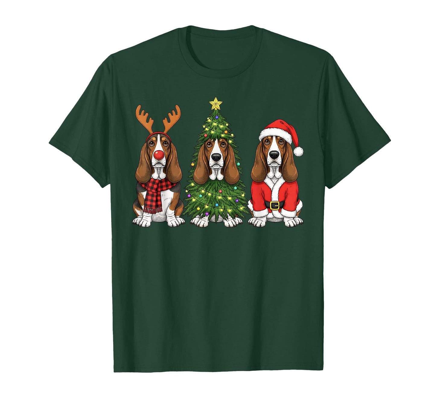 Retro Christmas Basset Hound Santa Reindeer Dog Lover T-Shirt