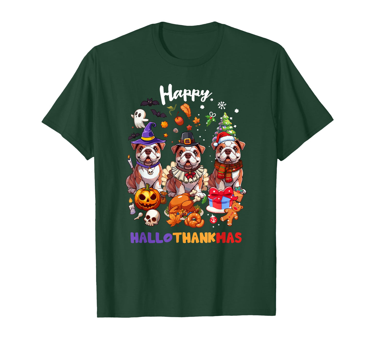 English Bulldog Dog Christmas Happy Hallo-Thankmas Dogs T-Shirt