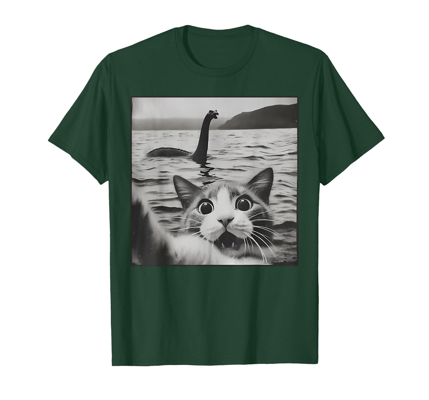 Cat Selfie With Loch Ness Monster Funny Cats Men Women Kids T-Shirt